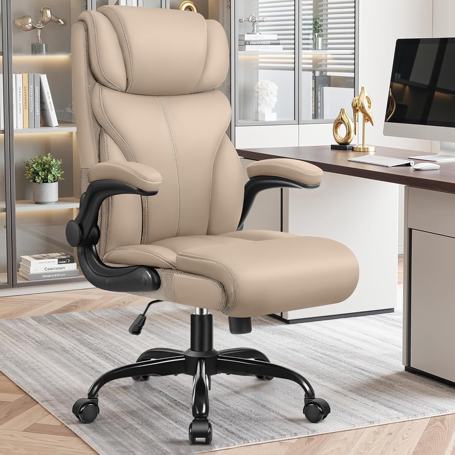 Primy Office Chair, Ergonomic Leather Desk Chair with Flip-up Armrests, Big and Tall High Back Executive Computer & Gaming Chair with Footrest, Comfy Padded, Rocking Function and Lumbar Support(Khaki)