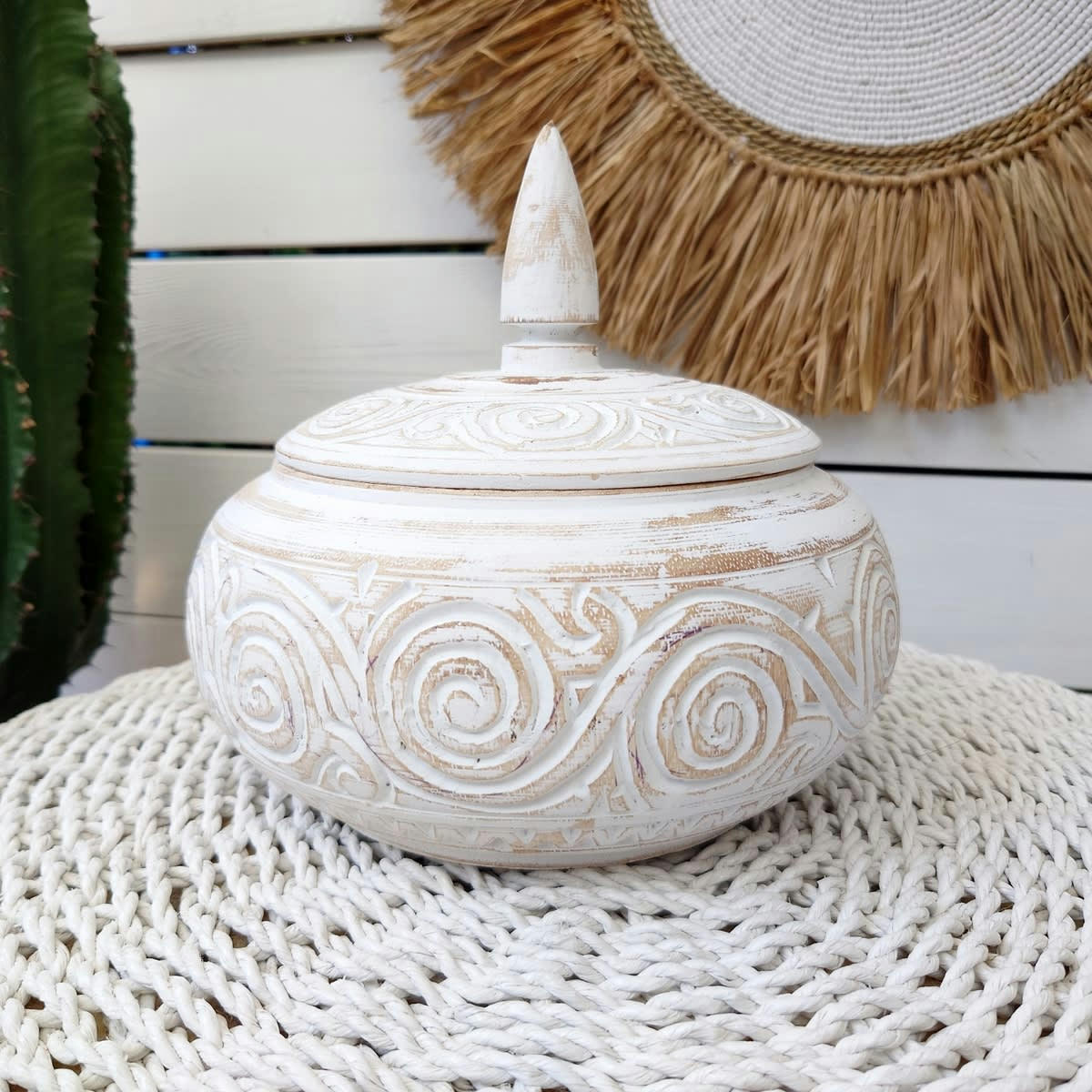 ZARA - Boîte en bois sculpté, blanc D21 x H20 cm