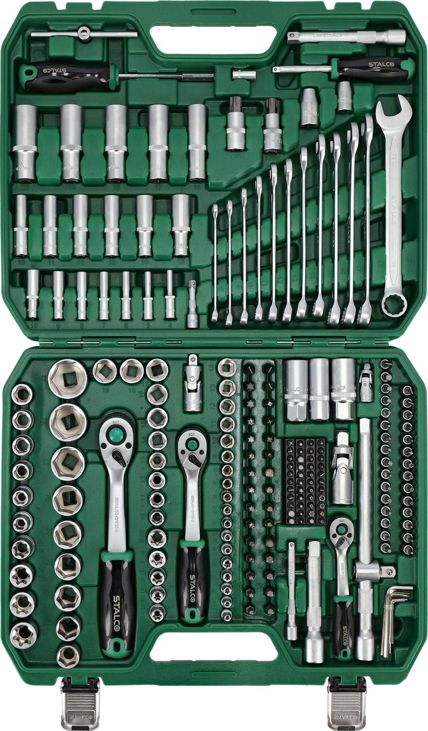 Zestaw kluczy nasadowych i płasko-oczkowych 1/2”+3/8”+1/4”, 219 elem. 90T, BMC STALCO S011100219 STALCO S011100219