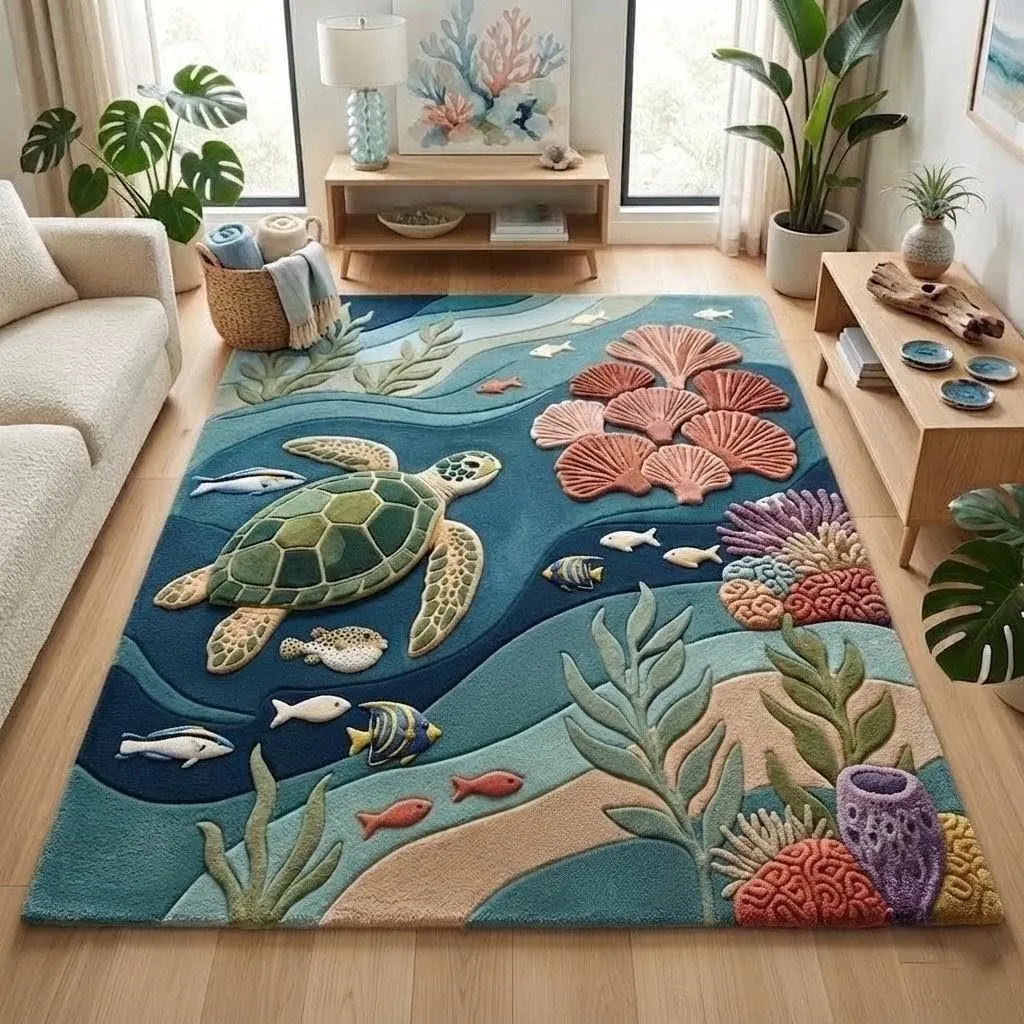 Handmade Tufted 3D Sea Turtle and Coral Reef Area Rug for Living Room, Bedroom & Kids Room – Available in Sizes 4x6, 5x8, 6x9, 8x10, 9x12