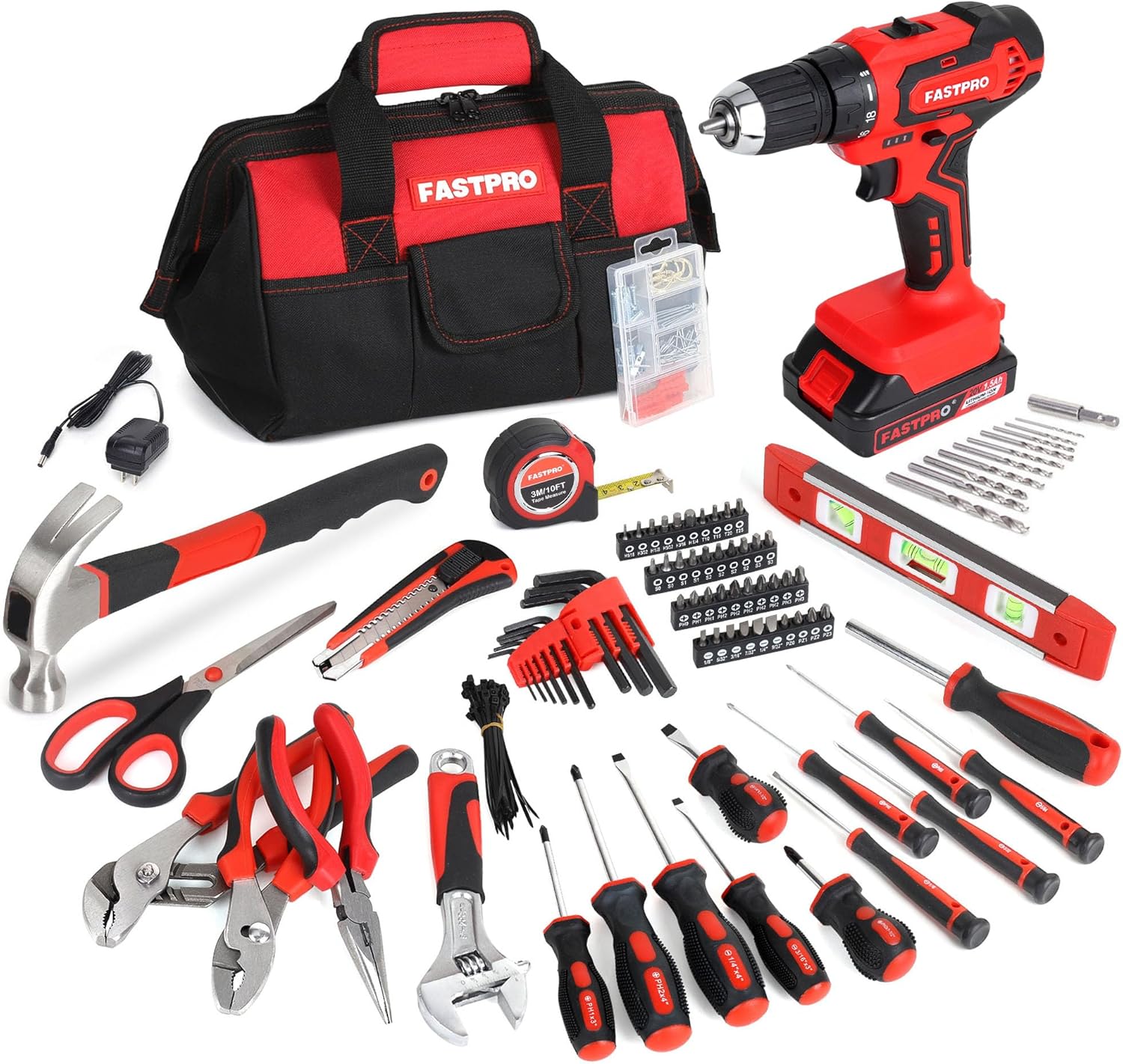 FASTPRO 232-Piece Home Tool Set with Drill, 20V Cordless Drill Driver, Household Repairing Tool Kit with Drill, 12-Inch Wide Mouth Storage Tool Bag Included, Red