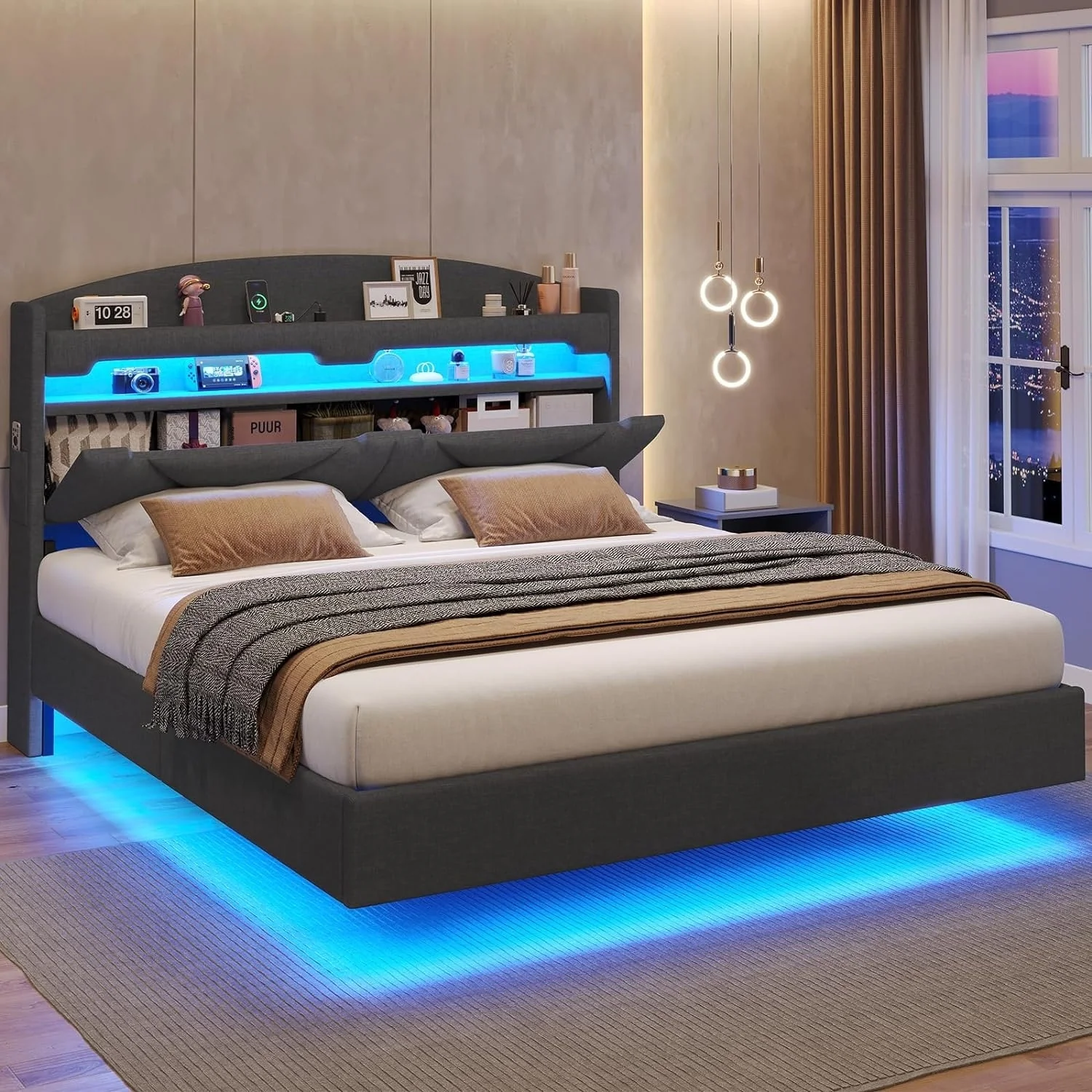 Floating Bed Frame Type-C Charging Station& Hidden Storage Headboard