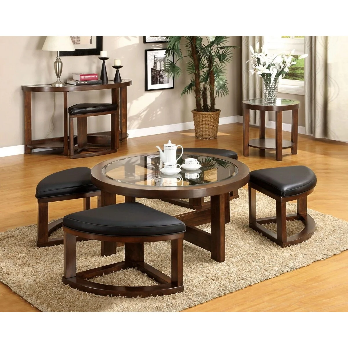 Walnut Coffee Table Glass Insert Top Ottoman Included Table Set Living Room Furniture