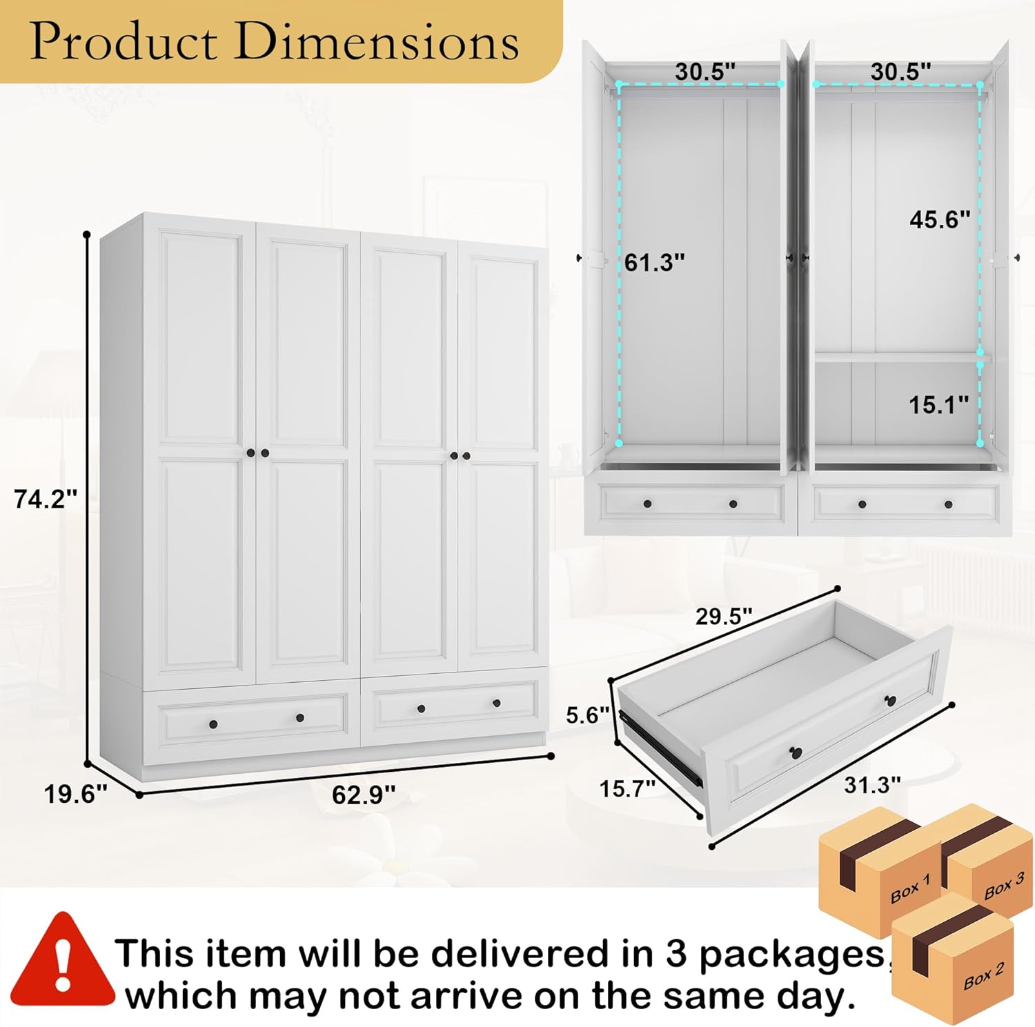 Armoire Wardrobe Closet with Drawers: 63 White Wardrobe Closet with 4 Doors and 2 Drawers, Wood Clothes Armoire with Hanging Rod, Clothing Storage Cabinet for Bedroom