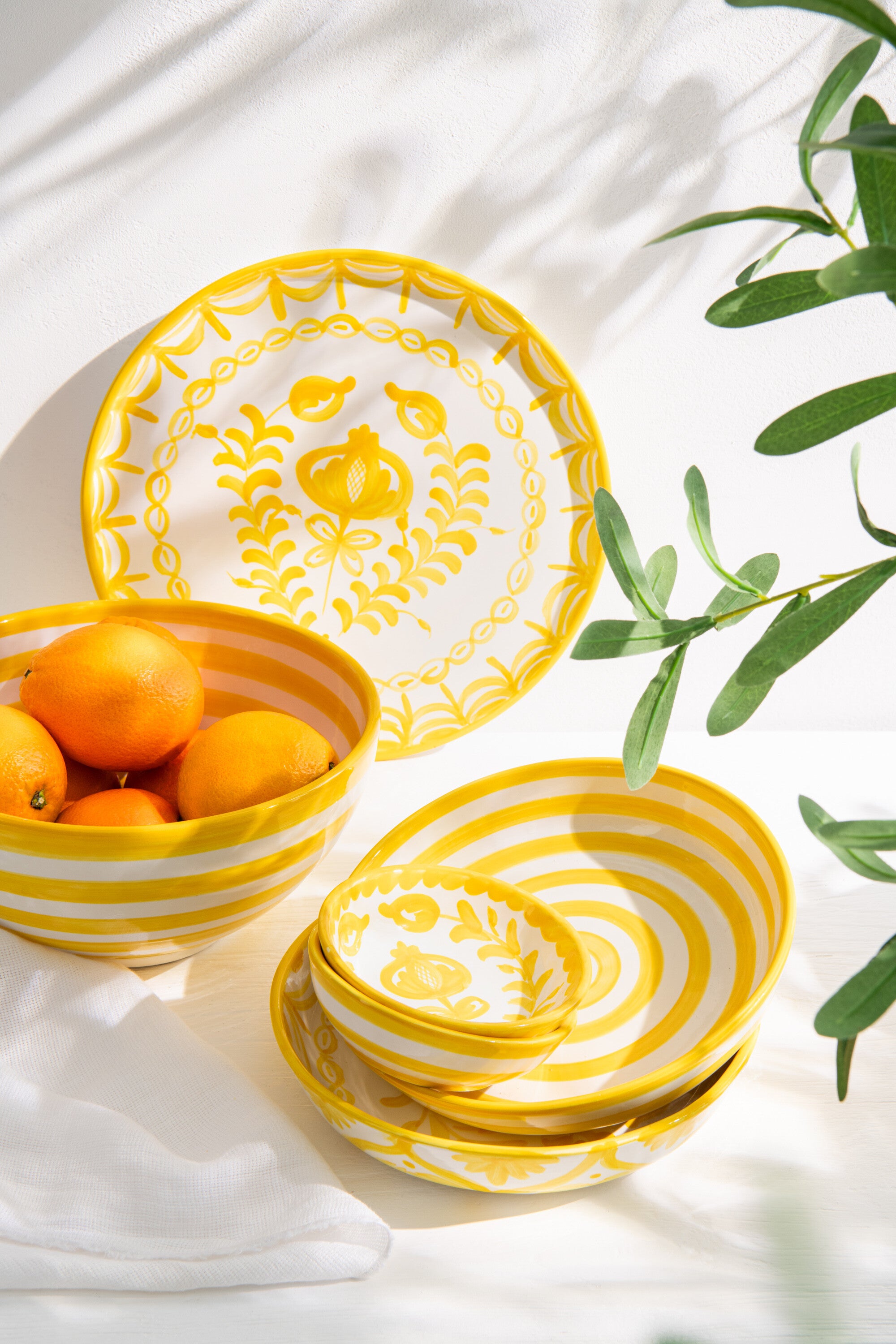 J-Line kom Granada Stripes High - keramiek - wit geel - larg