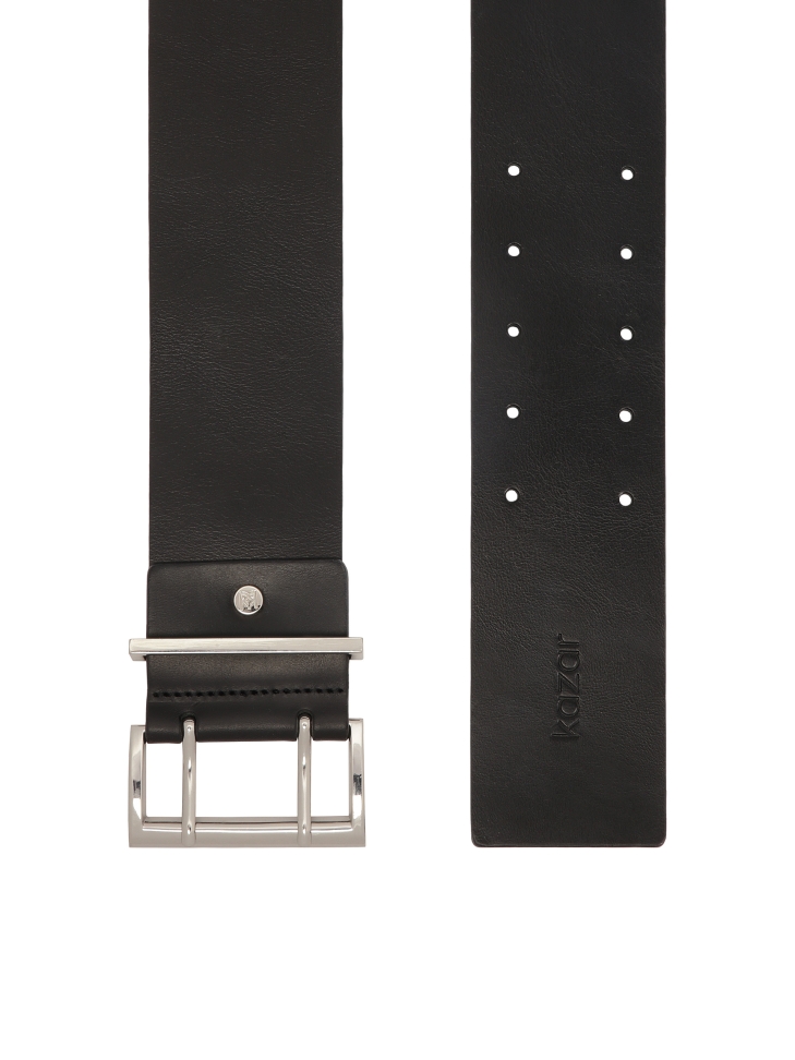 Wide leather belt with double buckle