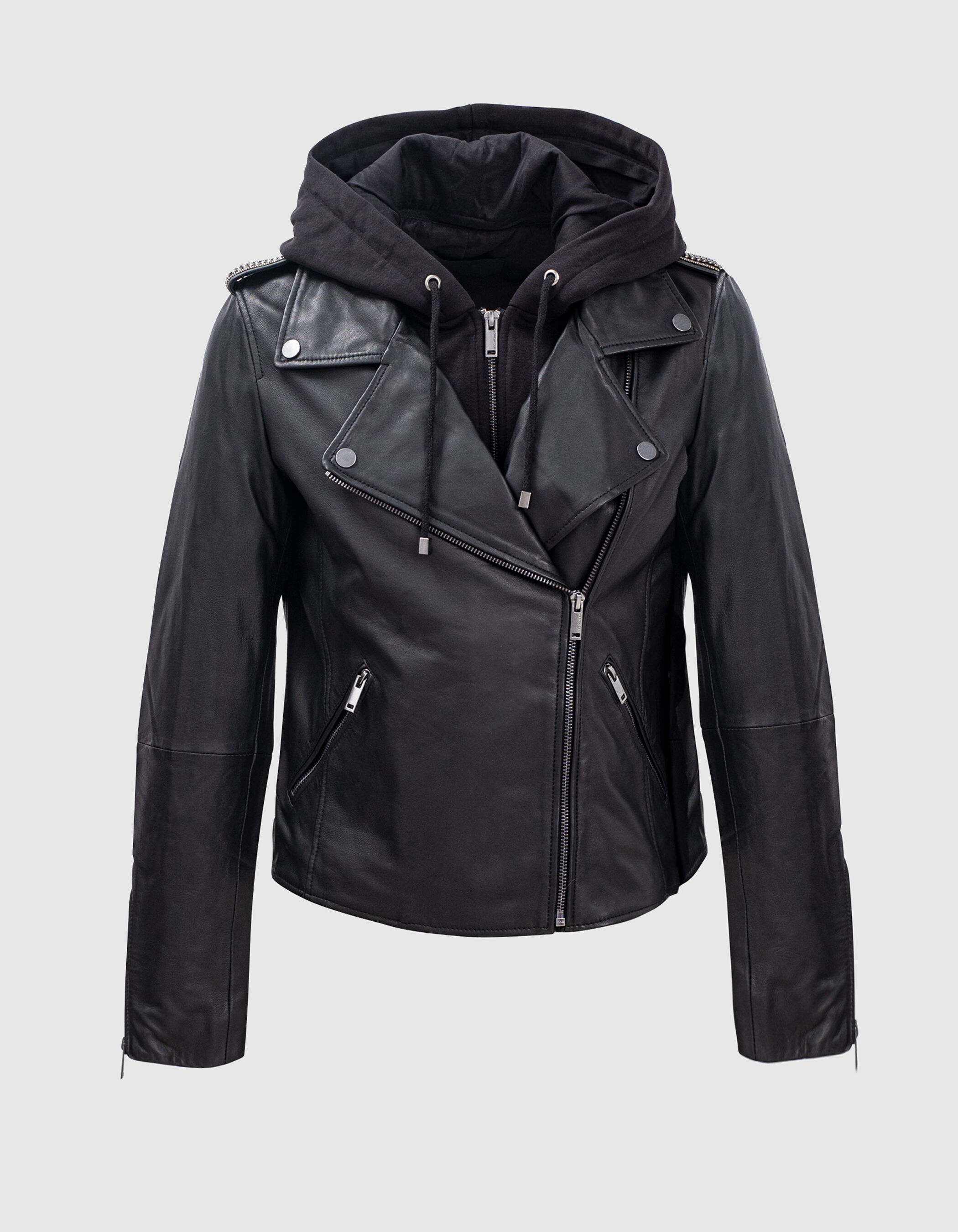 Blouson noir cuir esprit motard capuche amovible Femme