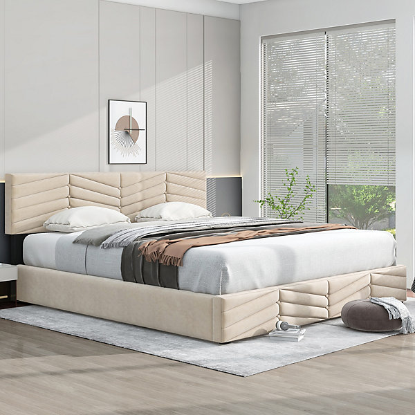 Lit 180x200 cm avec coffre, tête de lit réglable (5 cm) et revêtement velours beige, style élégant
