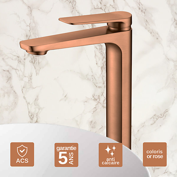Mitigeur de Lavabo Anti-Calcaire Bec Haut Or Rose Cuivré IMEX NAPOLES BDN047-3ORC