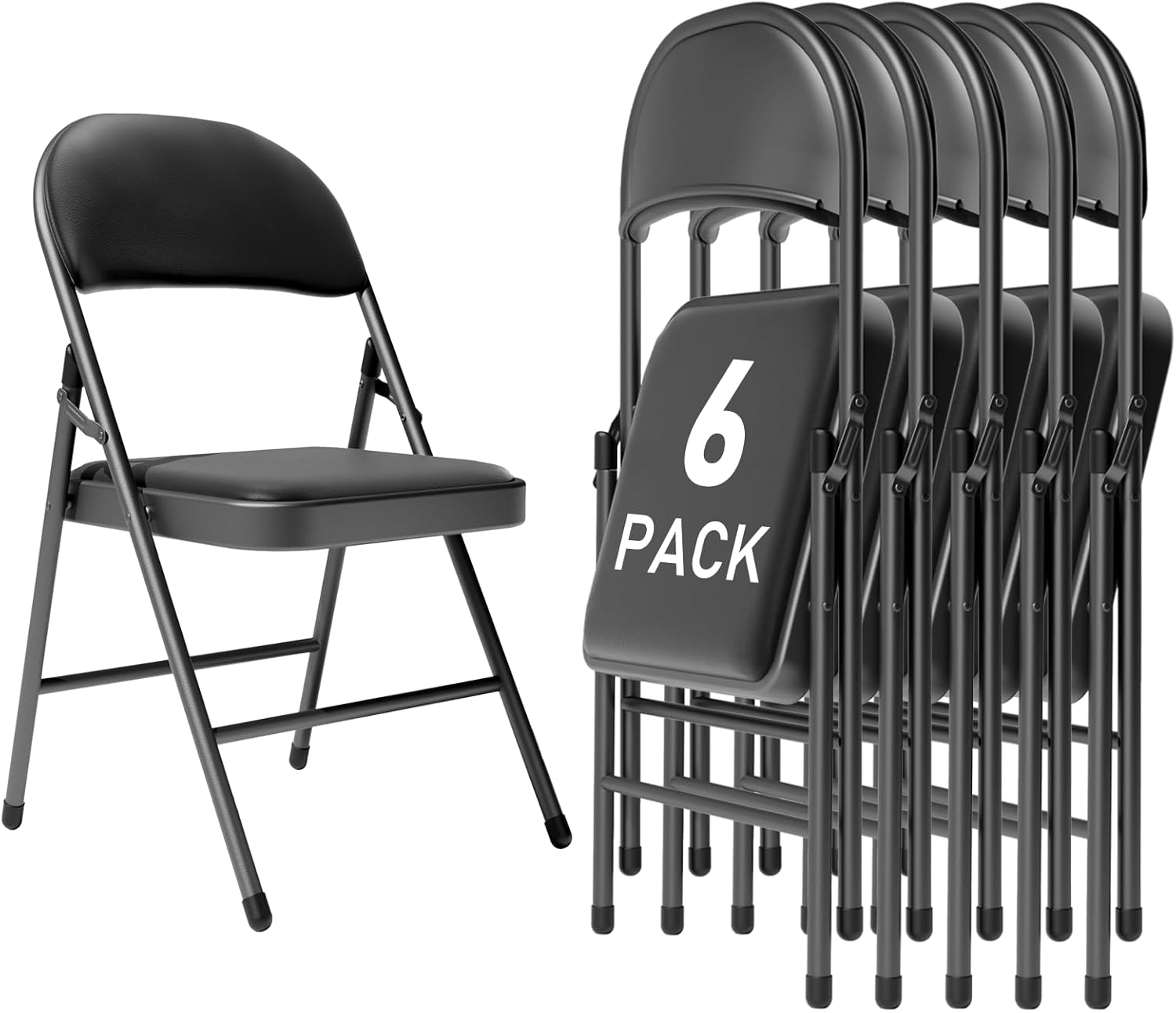 Black Padded Folding Chairs 6 Pack, 350LBS Heavy-Duty Steel Frame Foldable Chairs for Indoor Outdoor Wedding Party Dining Events