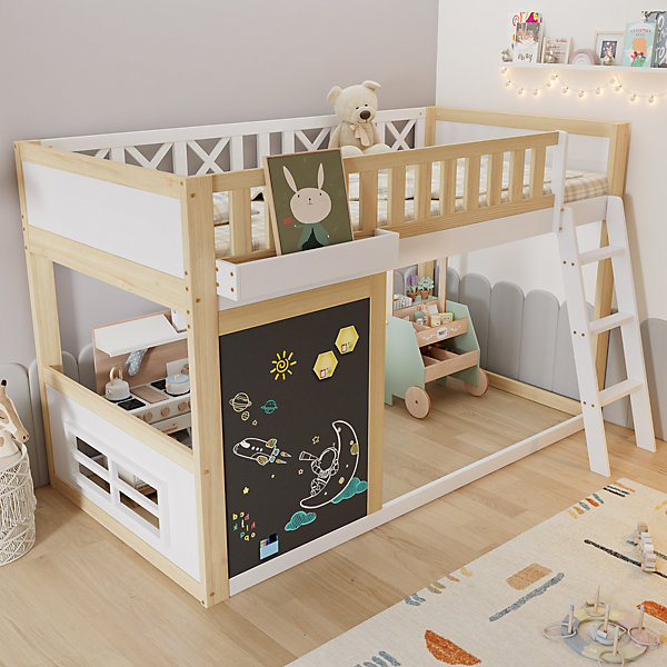 Lit mezzanine enfant 90x200 cm avec tableau noir et barrières - gain de place - pin MDF blanc naturel - sans matelas