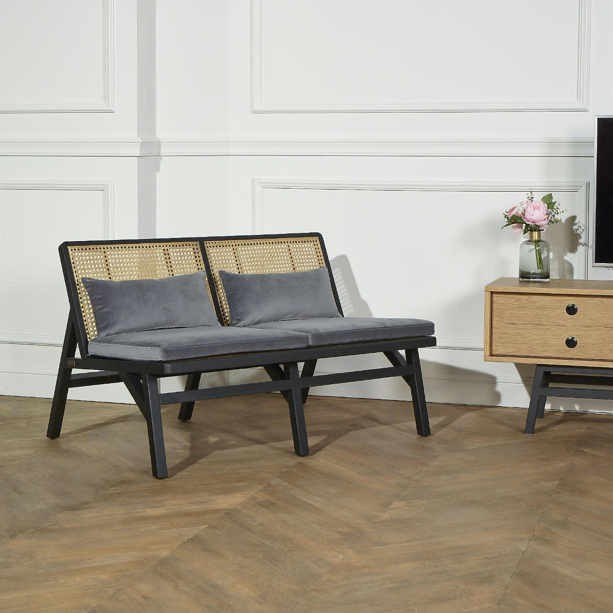 LALALA - Banquette chêne laqué noir cannage et velours 2 places gris loup