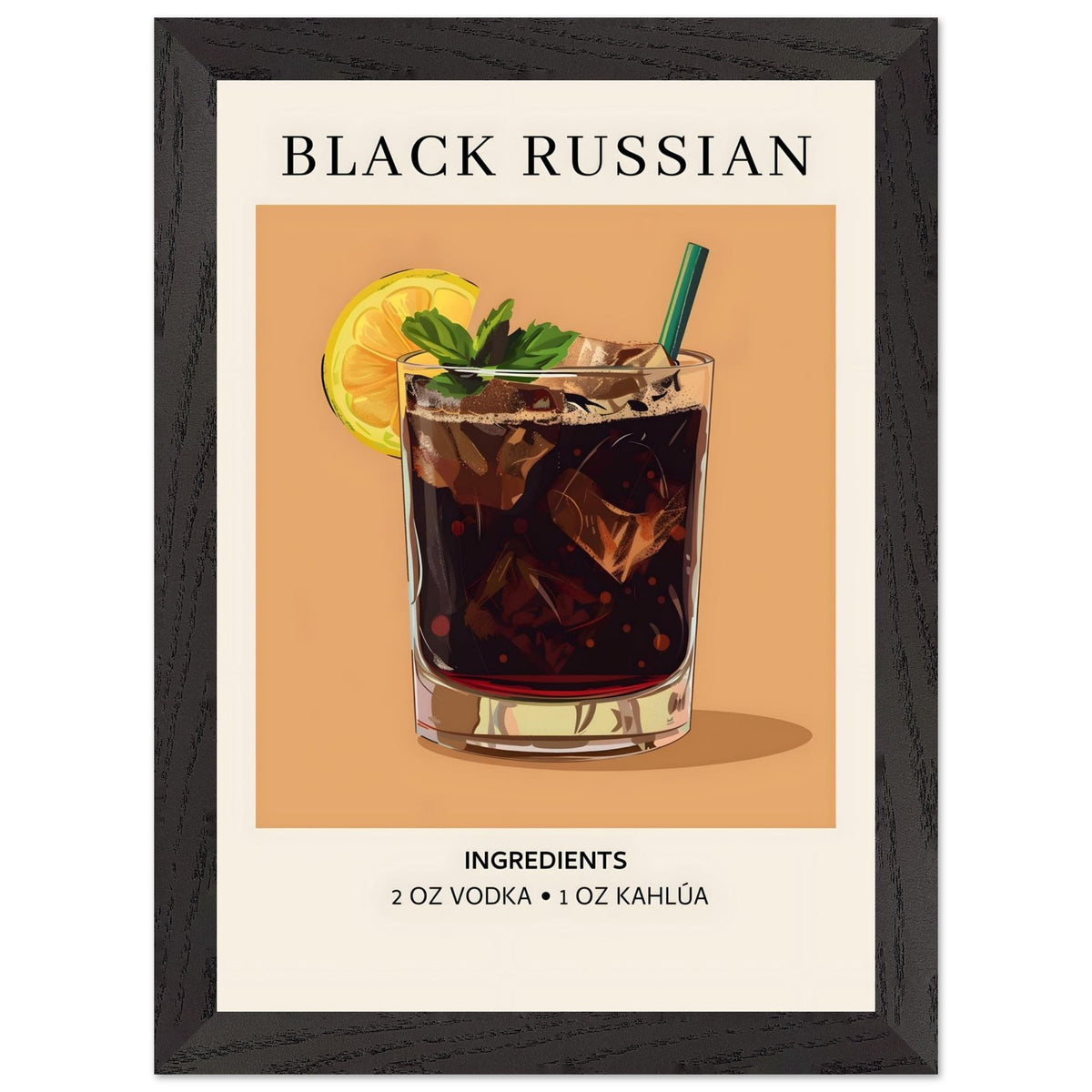 Artfulprints Poster met Lijst Black Russian cocktail - Ingrediënten  - A4 21x29.7 cm - Bruin