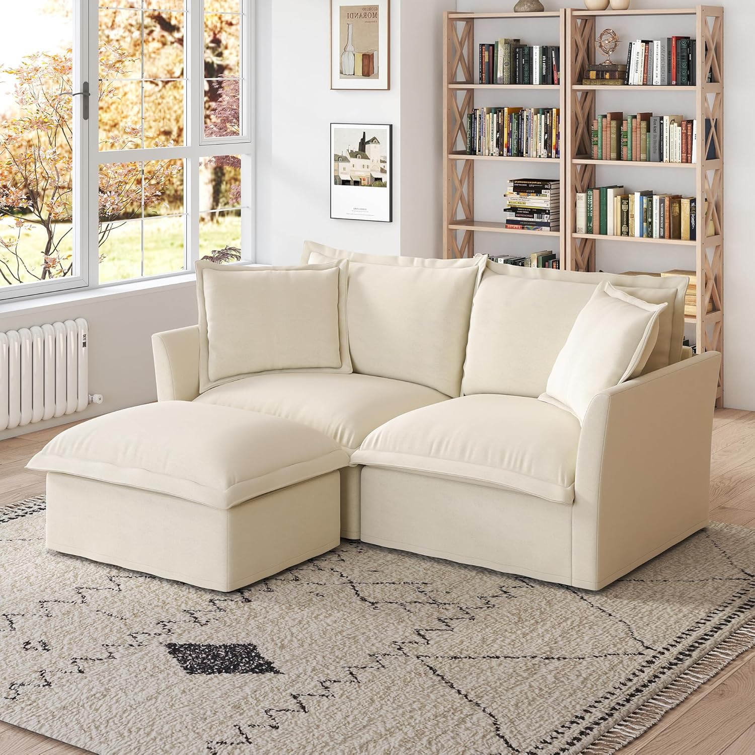 83.4 Modular Sectional Sofa Slipcovered, Oversized L-Shaped Cloud Couch with Removable Covers, 2-Seater Sofa Couch with 1 Movable Ottoman, Spacious Living Room Furniture (Cream,Chenille)
