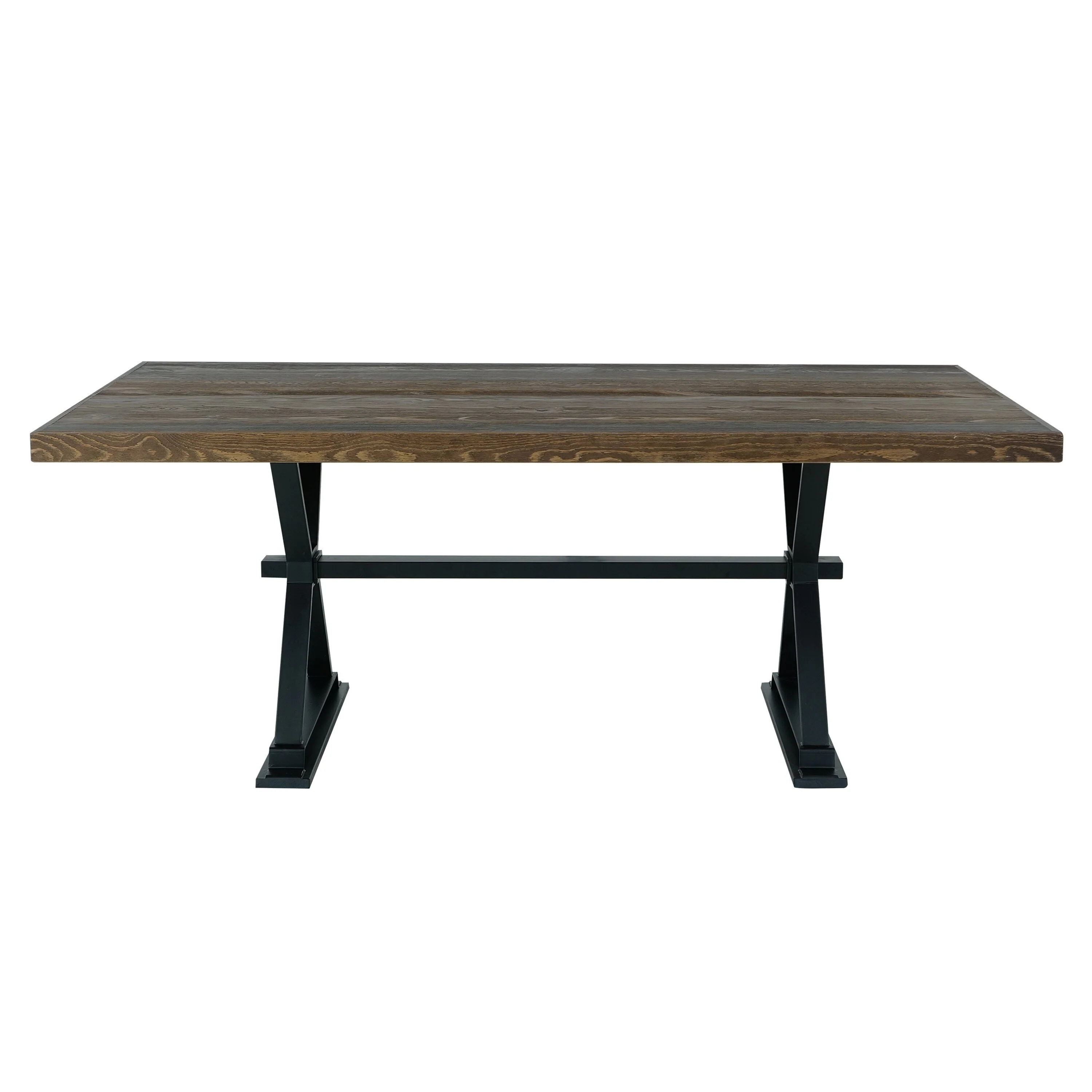 Tinaa Dining Table, Industrial Trestle Base, Brown Pine Wood, 79 Inch