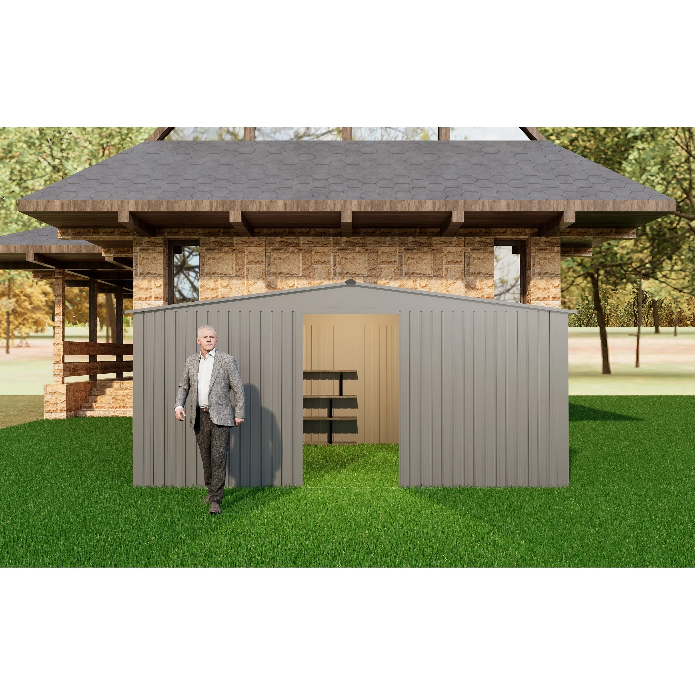 GDFStudio - Olivia Bennett Dual- Metal Outdoor Storage and Firewood Shed with Apex Roof Design