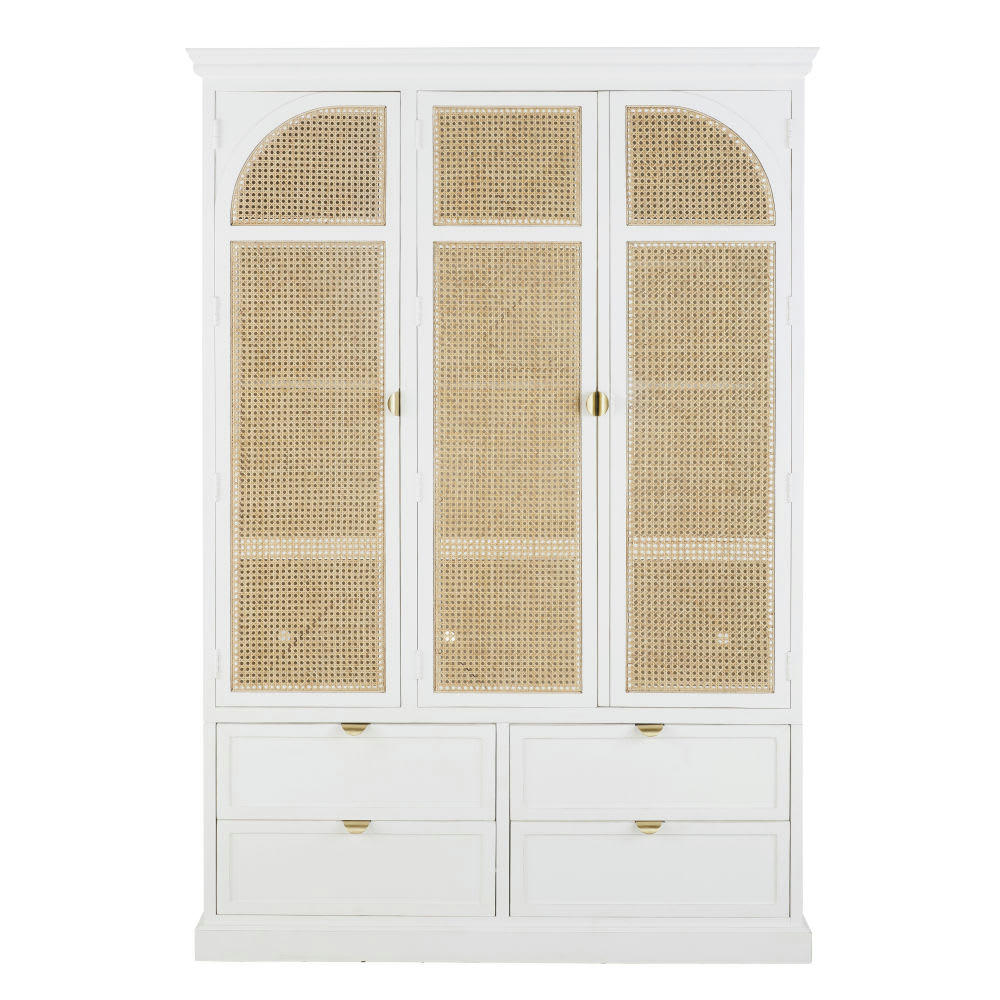 Sanary - Dressing 3 portes battantes 4 tiroirs blanc et cannage en rotin
