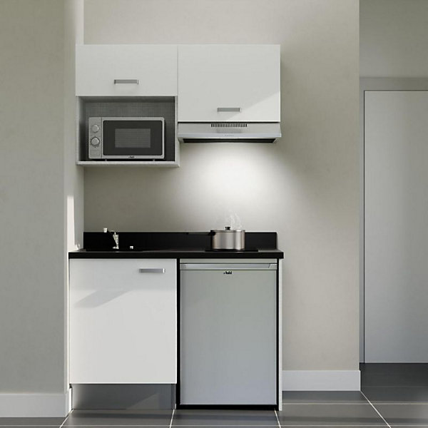 Kitchenette K02 - 120 cm - façades Blanc - Plan monobloc en quartz coloris Nero évier à gauche - Electroménager Inox