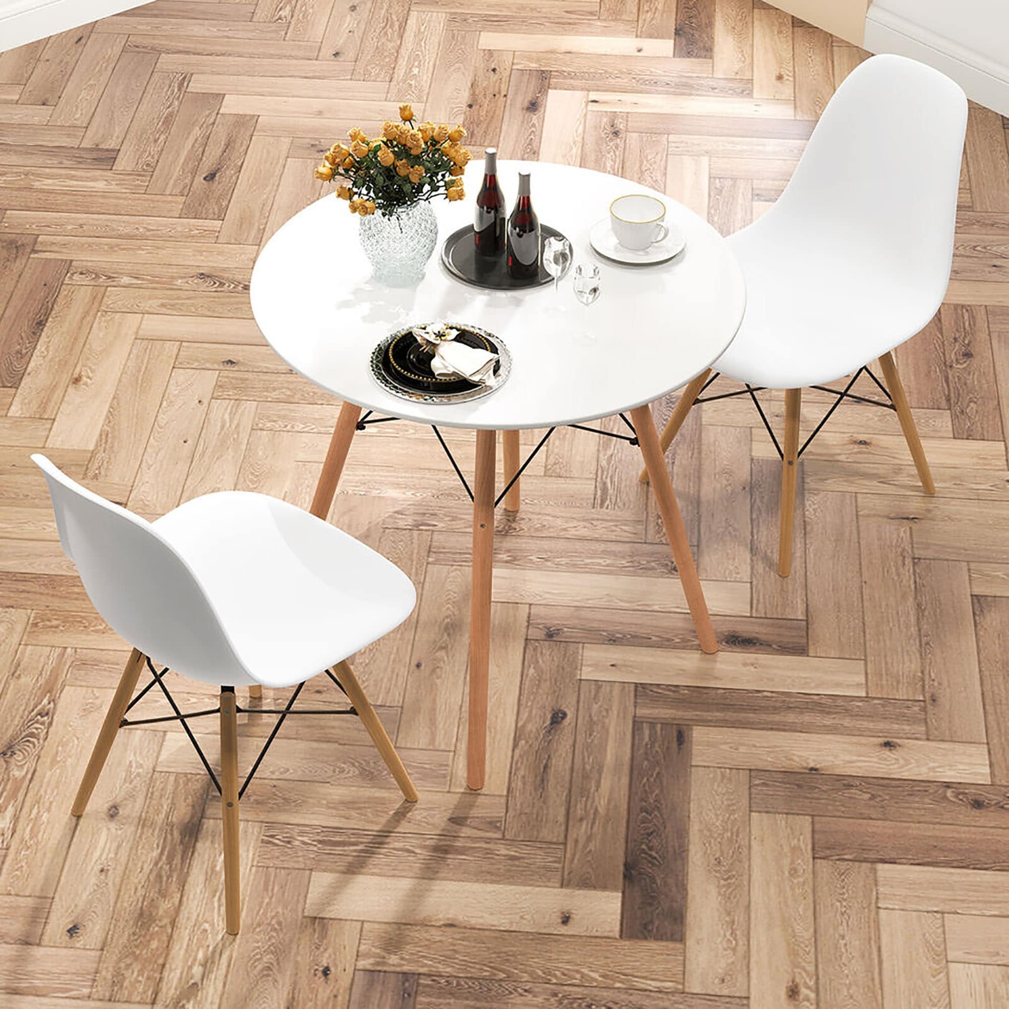 Gymax 3 Pieces Dining Table Set Modern Round Table & 2 Chairs w/ Wood