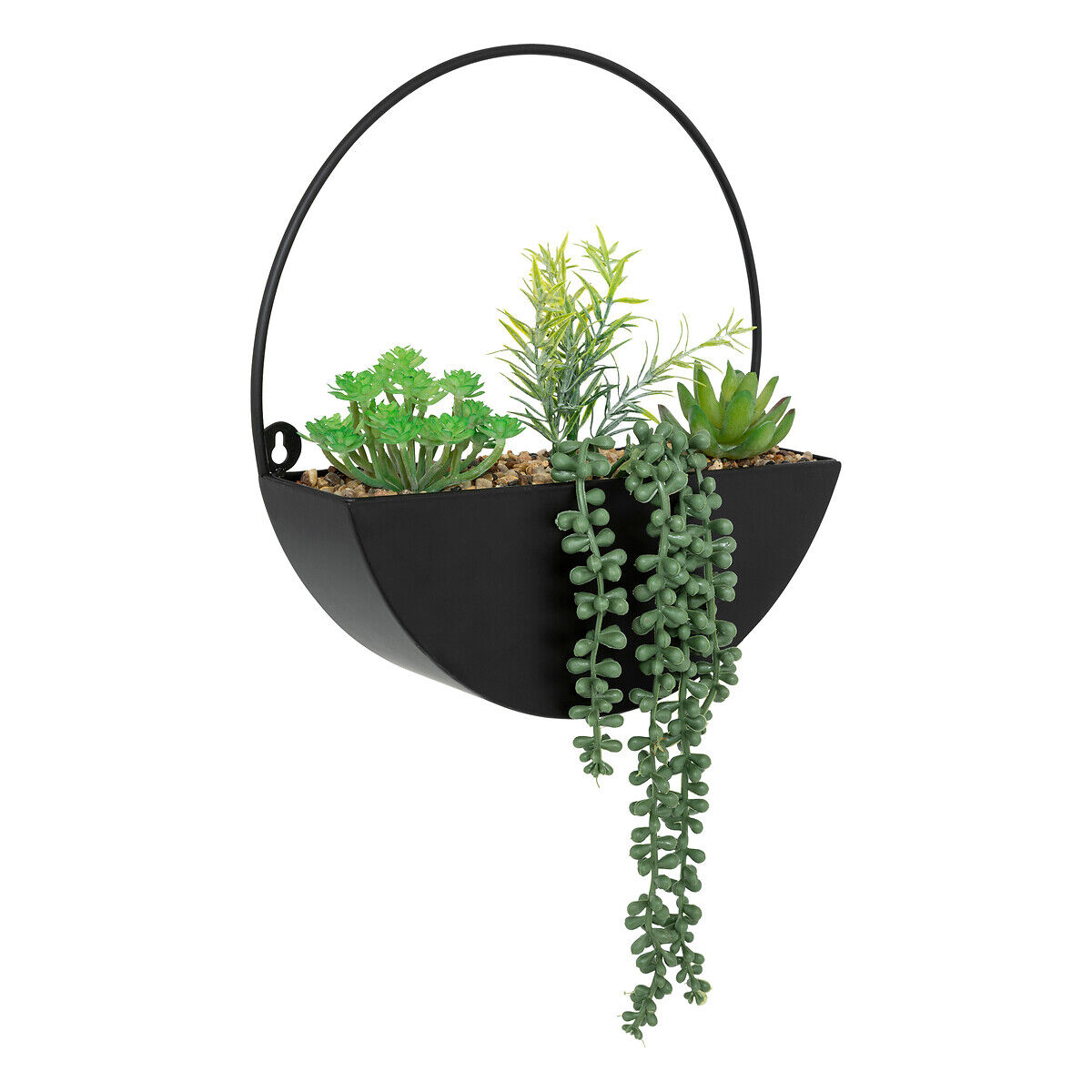 Vaso suspenso metal com plantas artificiais