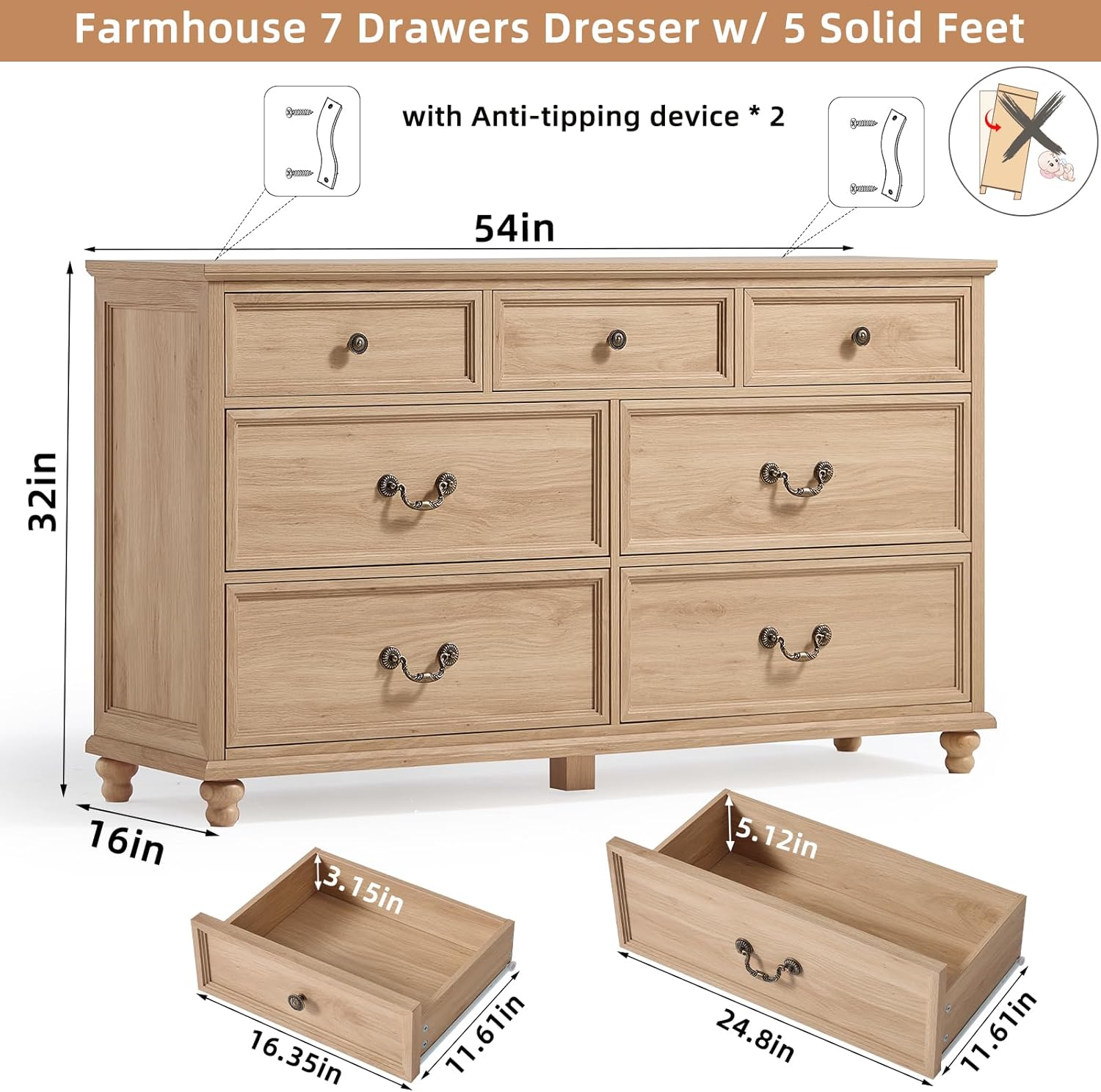 Farmhouse 54 7 Drawers Dresser for Bedroom, Wide Chest of Drawers w/ 4 Wooden Legs, Vintage Rustic Large Closet Storage Dressers Organizer for Hallway, Wood TV Stand for Living Room, Natural