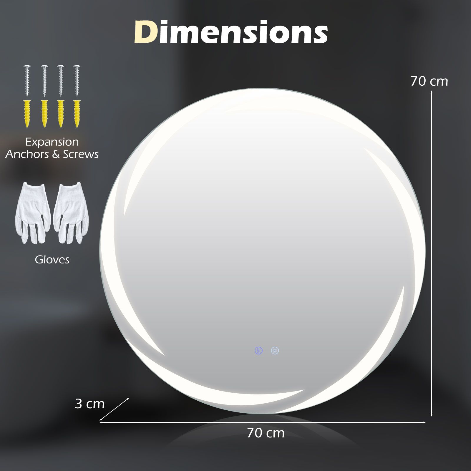 Costway 70 cm Round LED Bathroom Mirror Tempered Glass Wall Mirror Anti-Fog