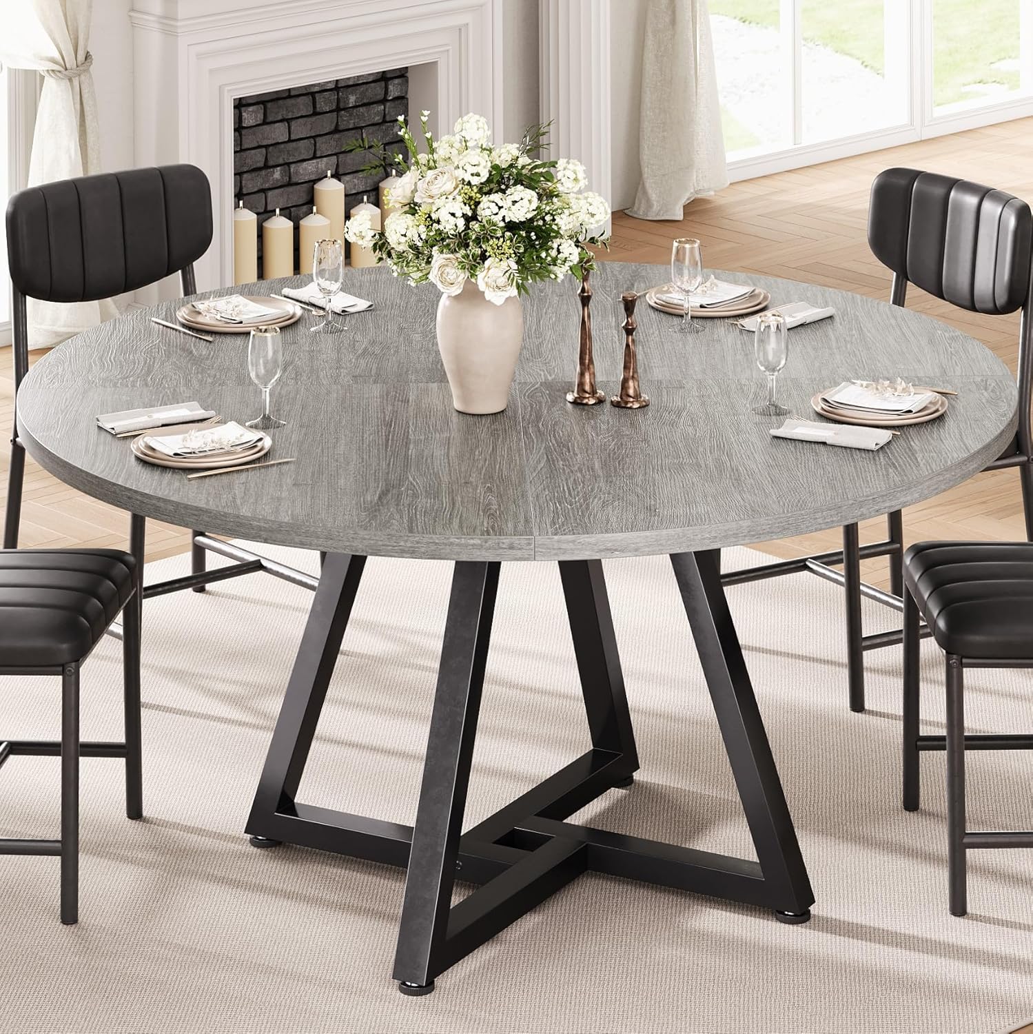 Jocoevol Round Dining Table Kitchen Dining Room Dinner Pedestal Table with Storage Shelf, Space Saving Wood Circle Industrial Furniture for Small Space (Grey, 51In)