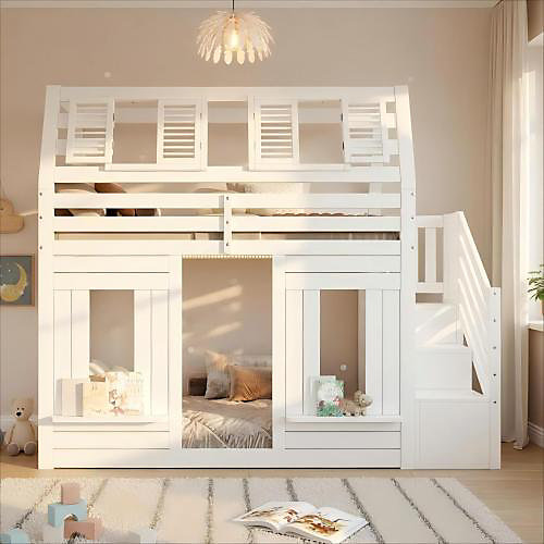 Lit mezzanine enfant 90x200cm avec LED - Barrières de sécurité et échelle de rangement - MDF   Bois massif - Blanc (sans matelas)