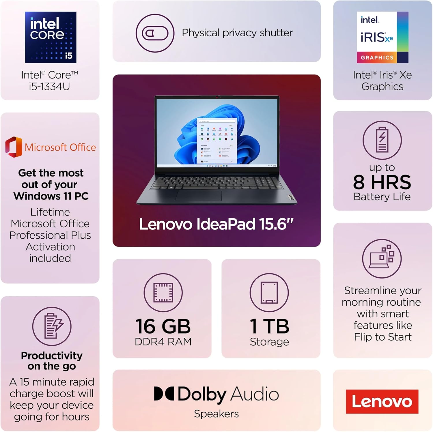 Lenovo IdeaPad Business Laptop  15.6 FHD Touchscreen  Powerful 10-Core Intel i5-1334U  AI Copilot Computer  16GB RAM  1TB Storage (512GB SSD+500GB Ext)  HubxcelAccessory  Win 11 Pro  Lifetime Office