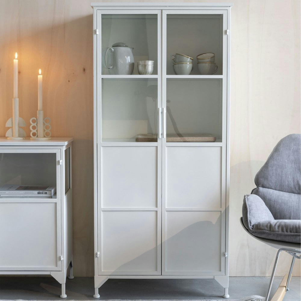 MIYA - Vitrine 2 portes en verre et métal H150cm blanc