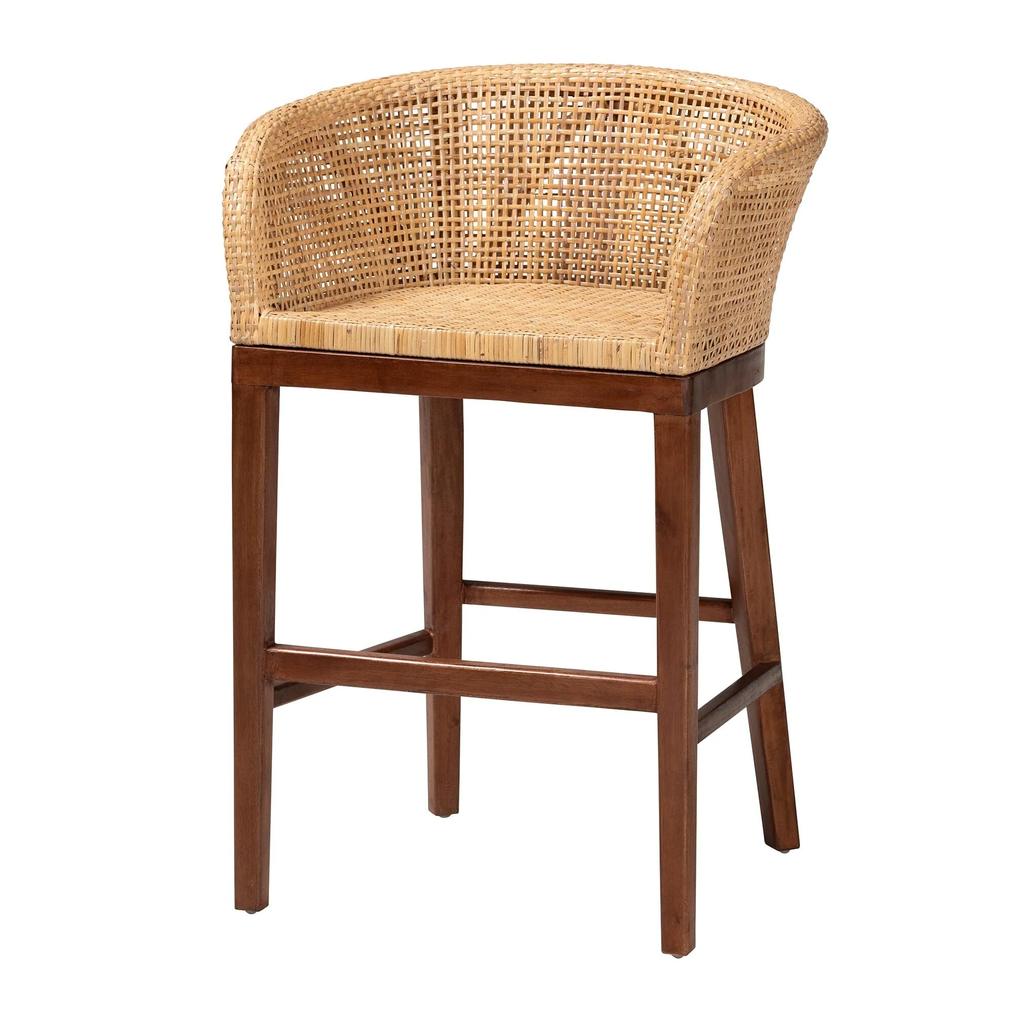 Papua Modern Bohemian Natural Rattan and Acacia Wood Counter Stool