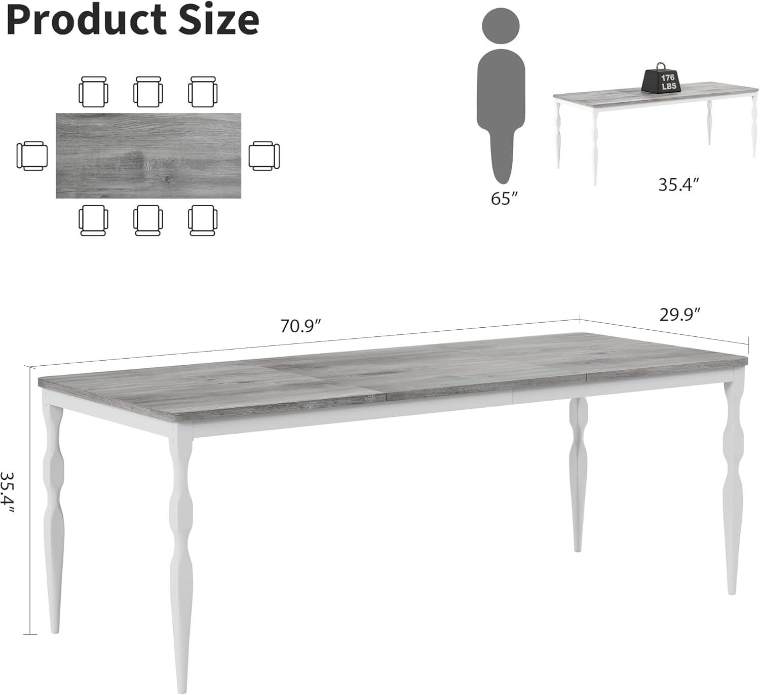 Rectangular Dining Table for 6, 71 in Rustic Farmhouse Kitchen Table with Large Tabletop, Long Wooden Dining Room Table with Heavy Duty Legs, Dinette and Dinner Desk for Party, Big Family, Grey