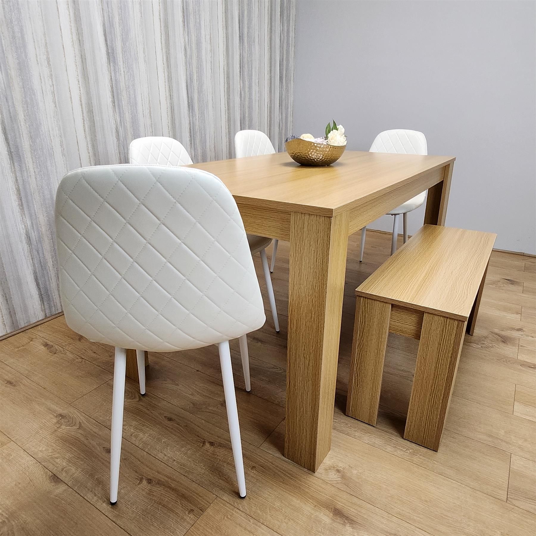 KOSY KOALA 6 Seater Light Wood Dining Table Set 4 White Gem Chairs and Bench