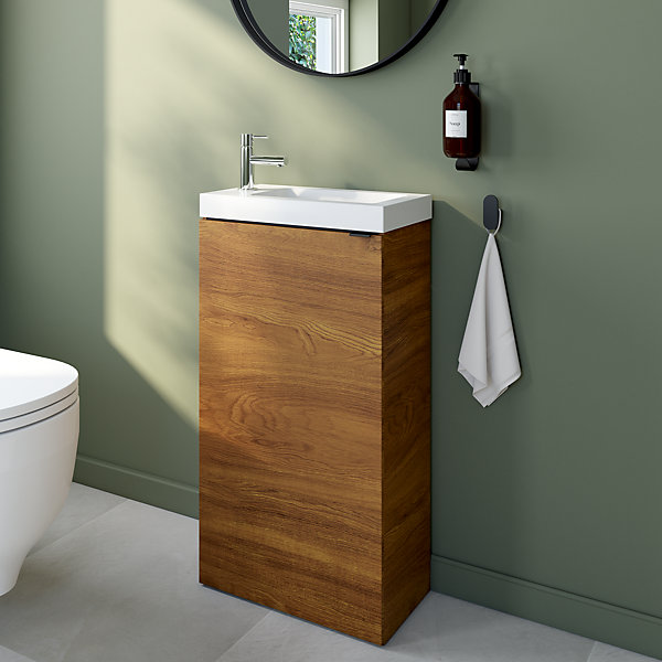 Meuble lave-mains à poser effet noyer l.44 cm Imandra   plan vasque blanc céramique Nira, GoodHome
