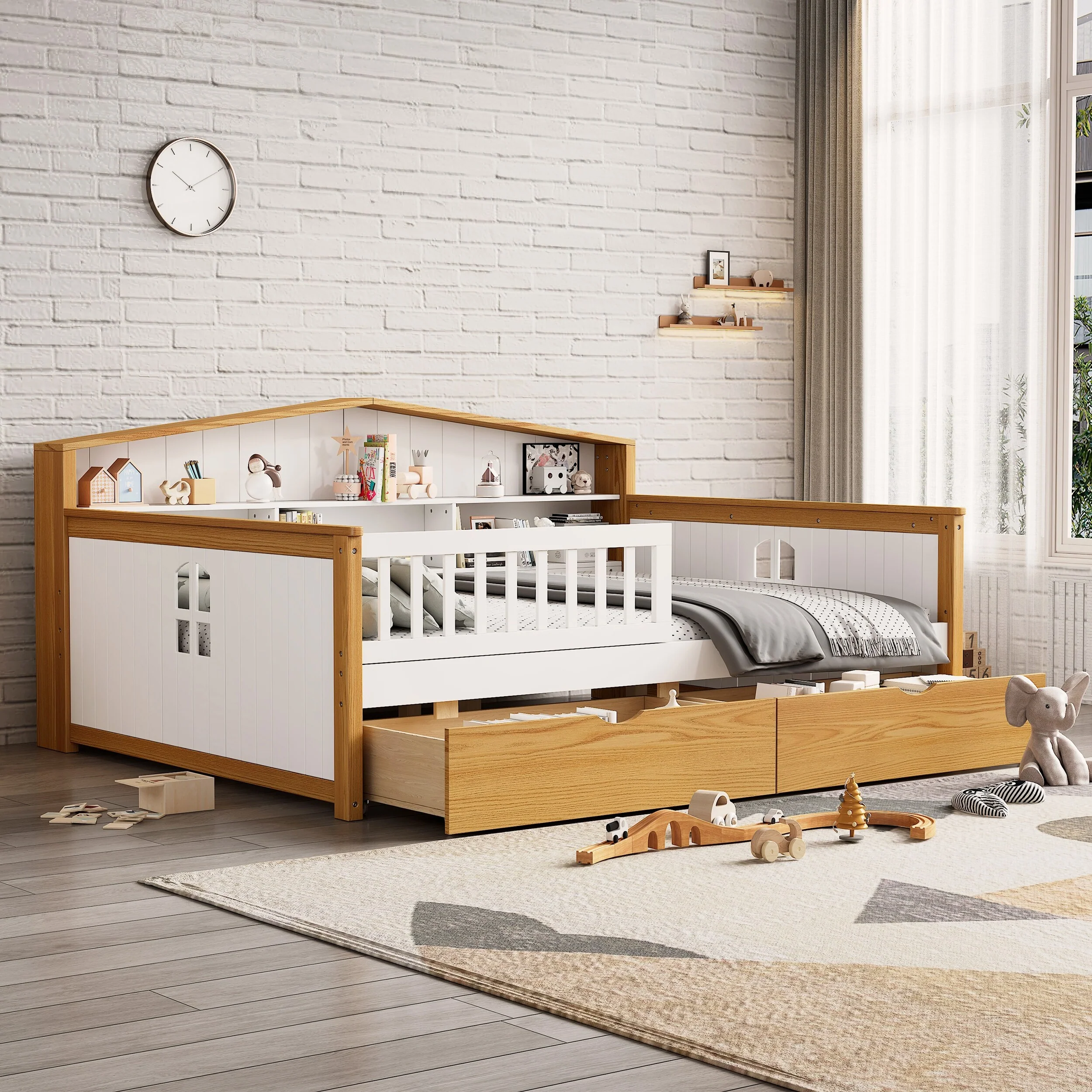 House Bed with Two Drawers and Bookcase for Boys and Girls