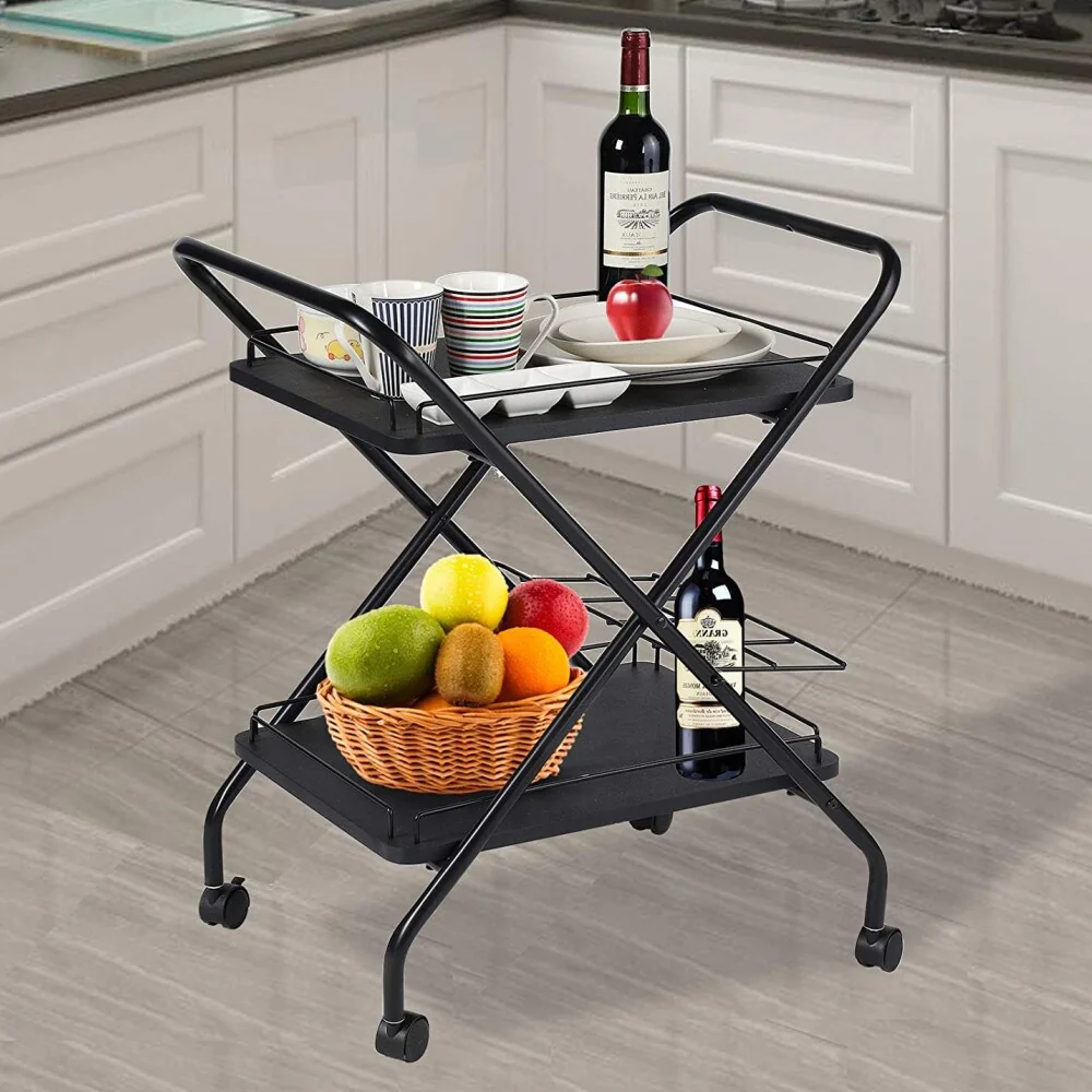 2-Tier Rolling Utility Cart with Wheels, Metal Bar Service Car With Wine Rack, Lockable Wheel, Multi-Functional Storage Rack