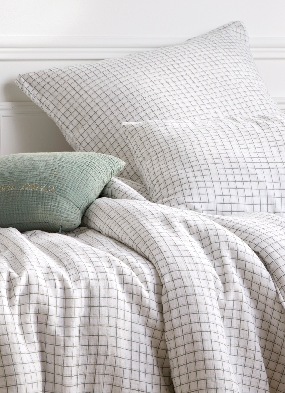 HOUSSE DE COUETTE GAZE DE COTON IMPRIMÉ CARREAUX ECRU