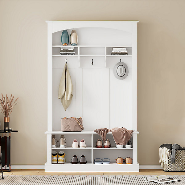 Meuble d'Entrée avec Banc et 3 Crochets pour Manteaux - Meuble de Rangement Multifonction avec étagères, Blanc- 120x40x190 cm