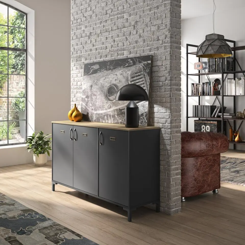 Diagone Dressoir Manchester - 3 deuren - Zwart/Eikenkleur