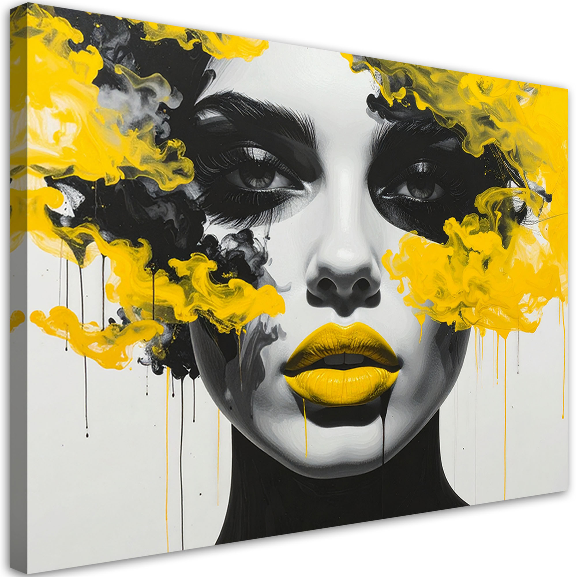 Obraz do salonu sypialni biura, Portret kobiety z elementami żóltego 30x20