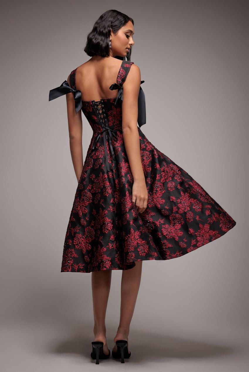Goddiva Jacquard Multiway Bow Strap Skater Midi Dress