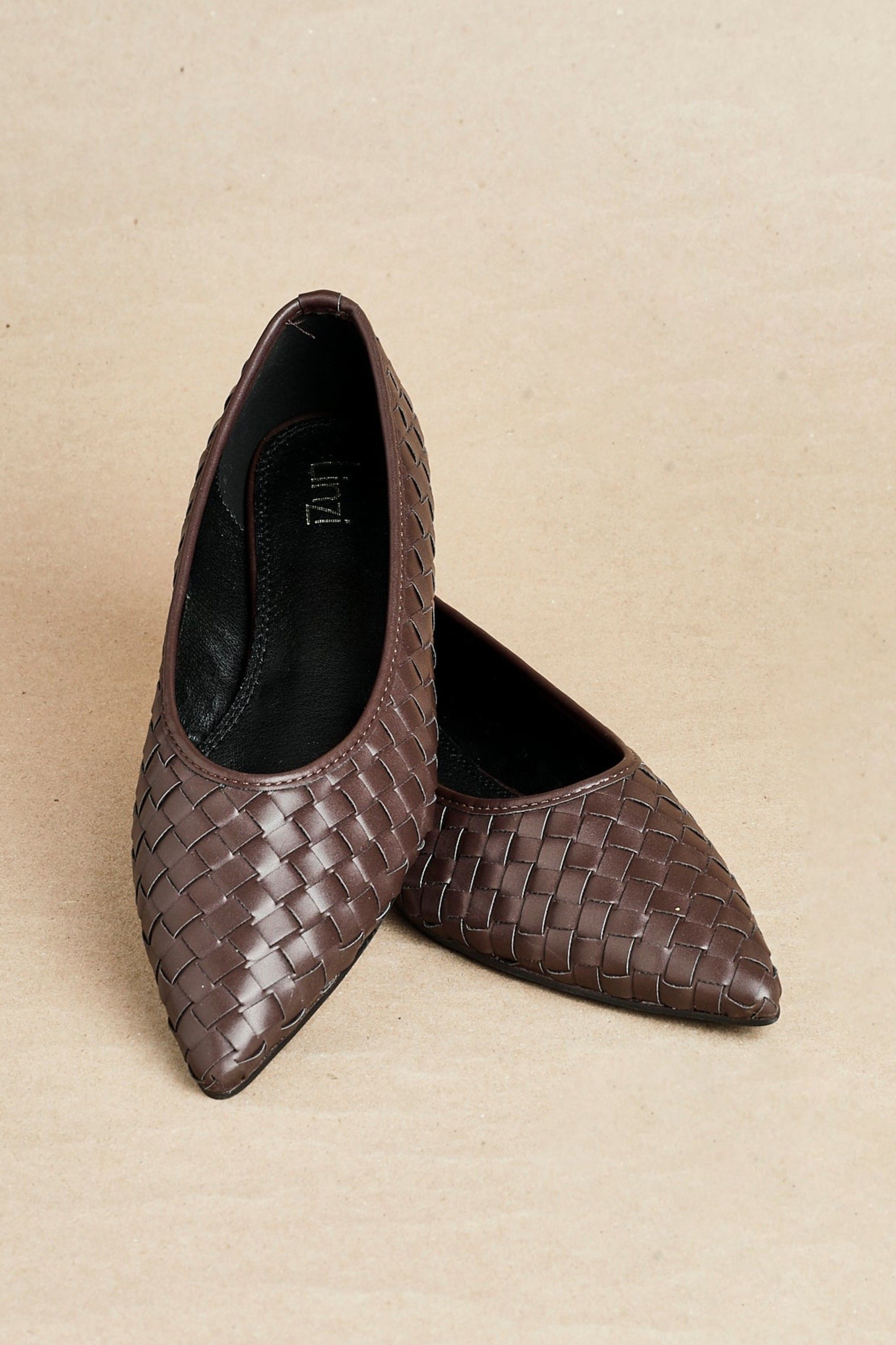 Linzi Talina Brown Faux Leather Woven Pointed Toe Ballet Flats
