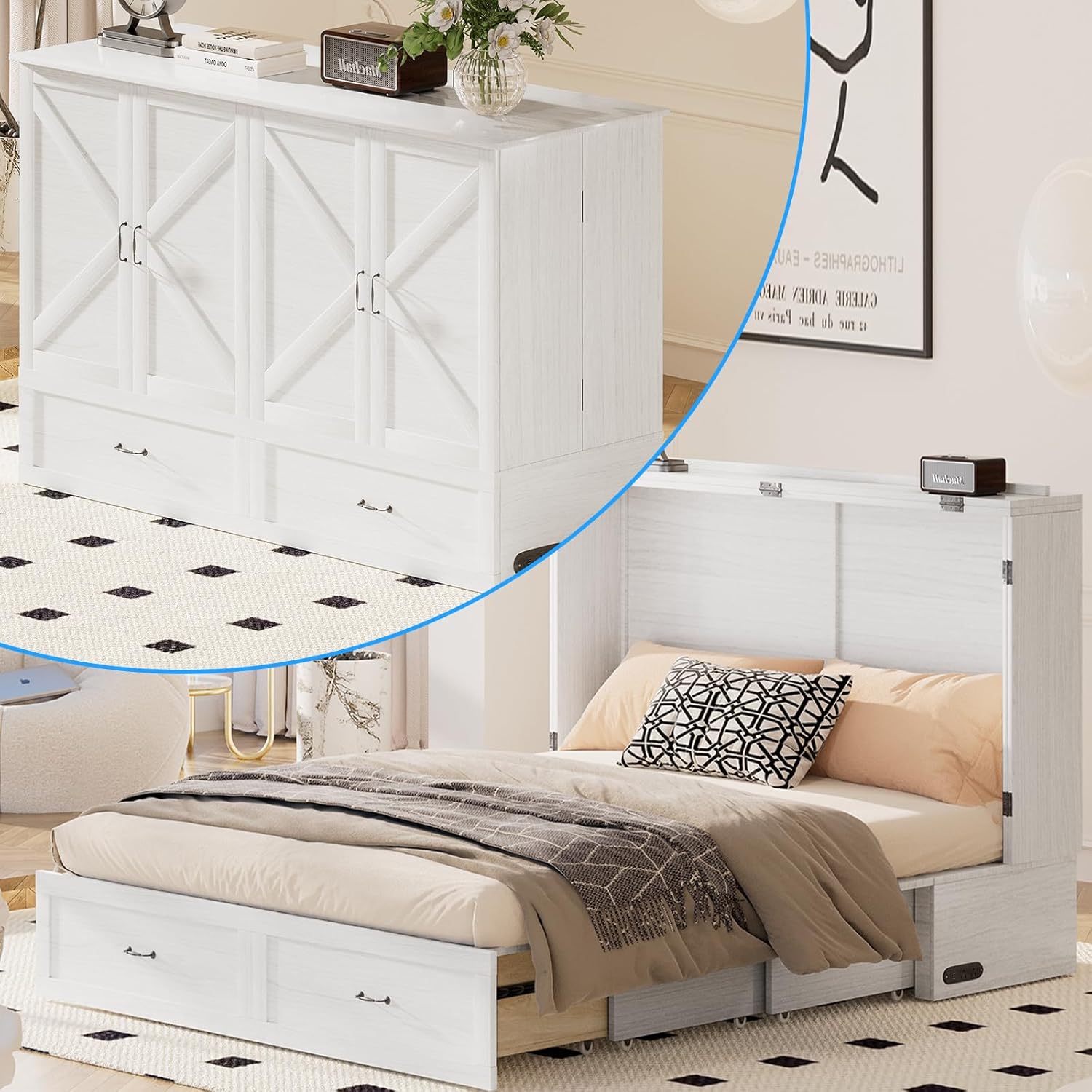 Mjkone Murphy Bed, Cabinet Beds Queen Size with Mattress Included, Built-in Charging Station and Drawer, 63 W Queen Cabinet Murphy Bed, Hidden Guest Beds for Living Room, Bedroom, Apartment, White
