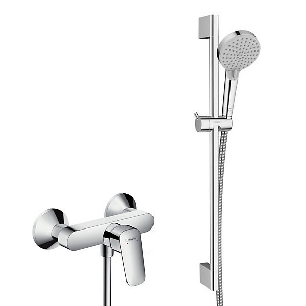 Hansgrohe Ensemble de douche Logis Mitigeur mural   Douchette 2 jets avec Barre 65cm   Flexible, Chrome (71600000-Vernis)