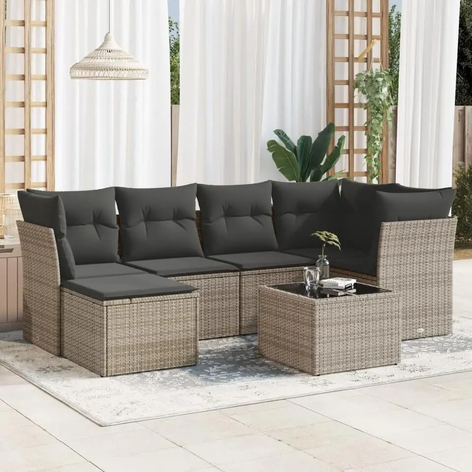 vidaXL Loungeset met kussens en tuintafel voor 6 personen - Grijs - Poly Rattan