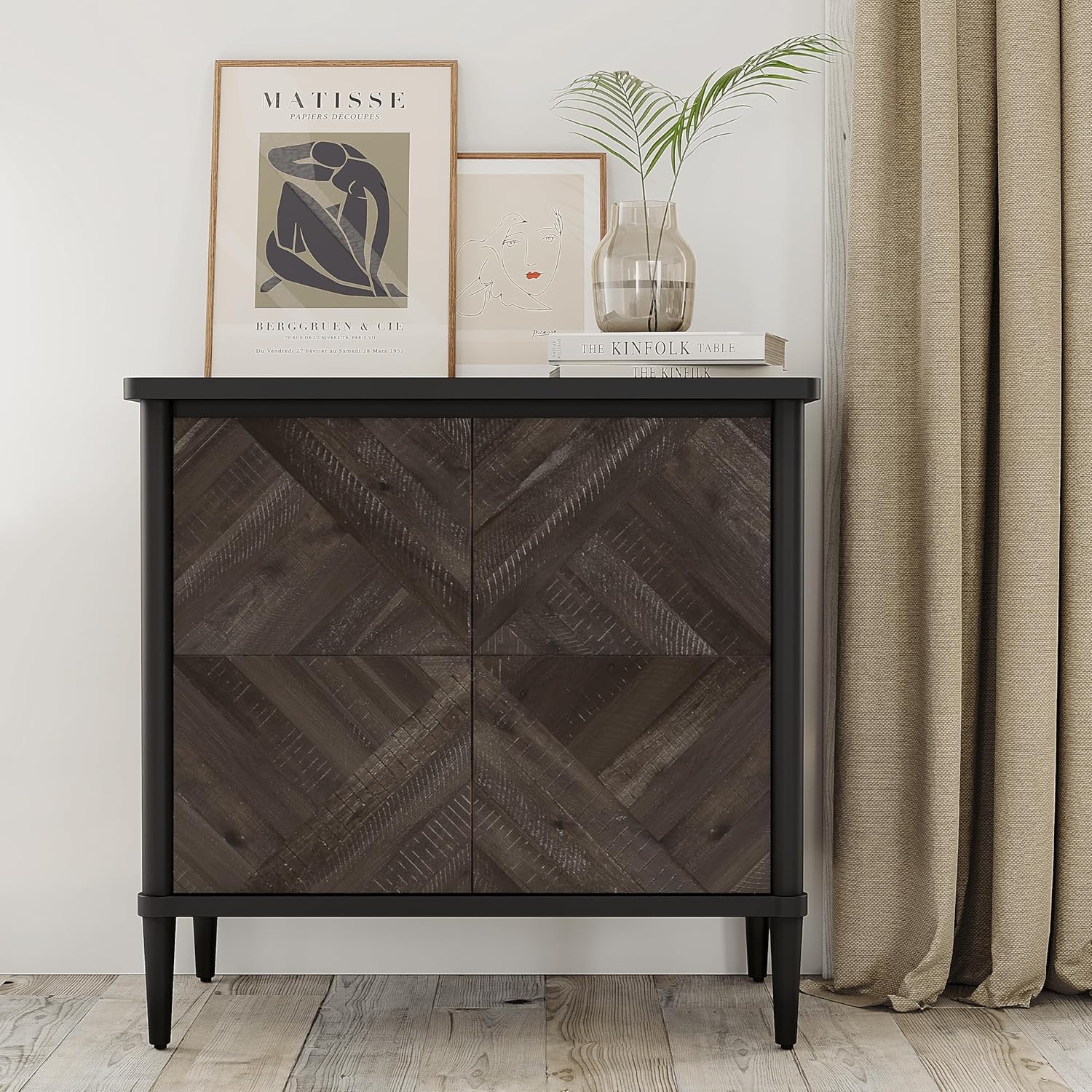 Howizz Lenia Solid Wood Storage Cabinet with Diamond Pattern Doors, Rustic Farmhouse Accent Cabinet for Living Room, or Entryway, Durable Acacia Wood, Mocha Black