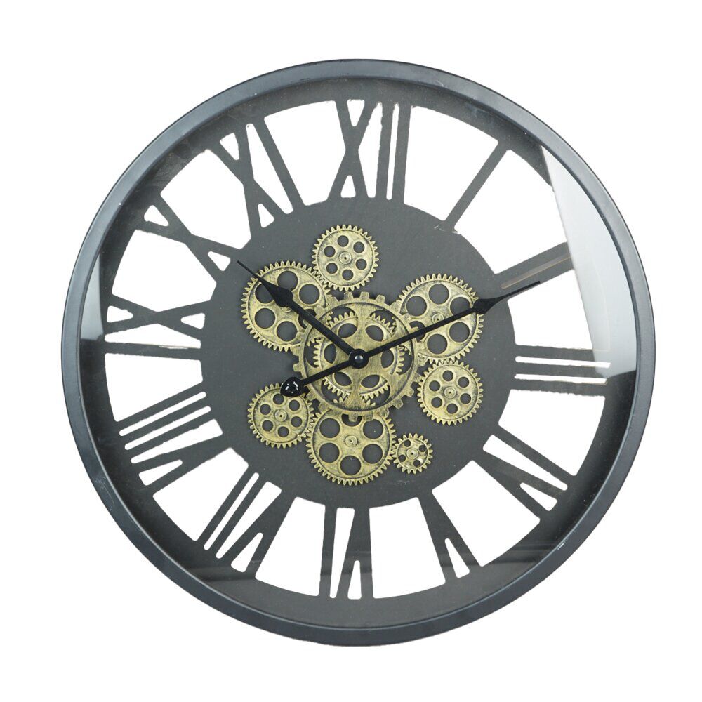 Horloge engrenage chiffres romains métal noir et doré Ø48cm