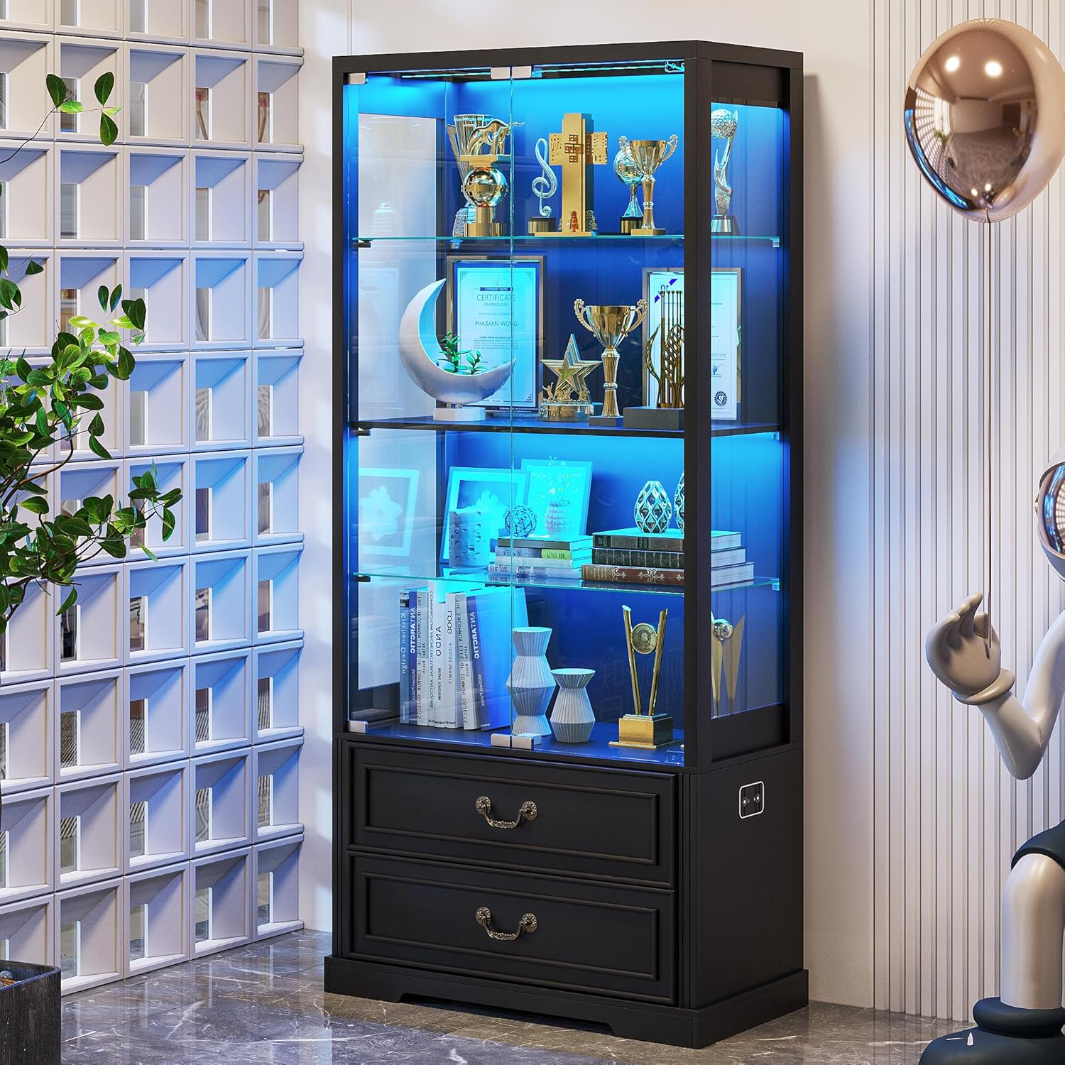FREDEES Display Cabinet with Glass Doors,67 Adjustable Display Shelf with 2 Drawers and 4 Tier Curio Cabinet,Tall Bookcase with 3 Color Lights and Human Body Sensor for Toys,Books（Black）
