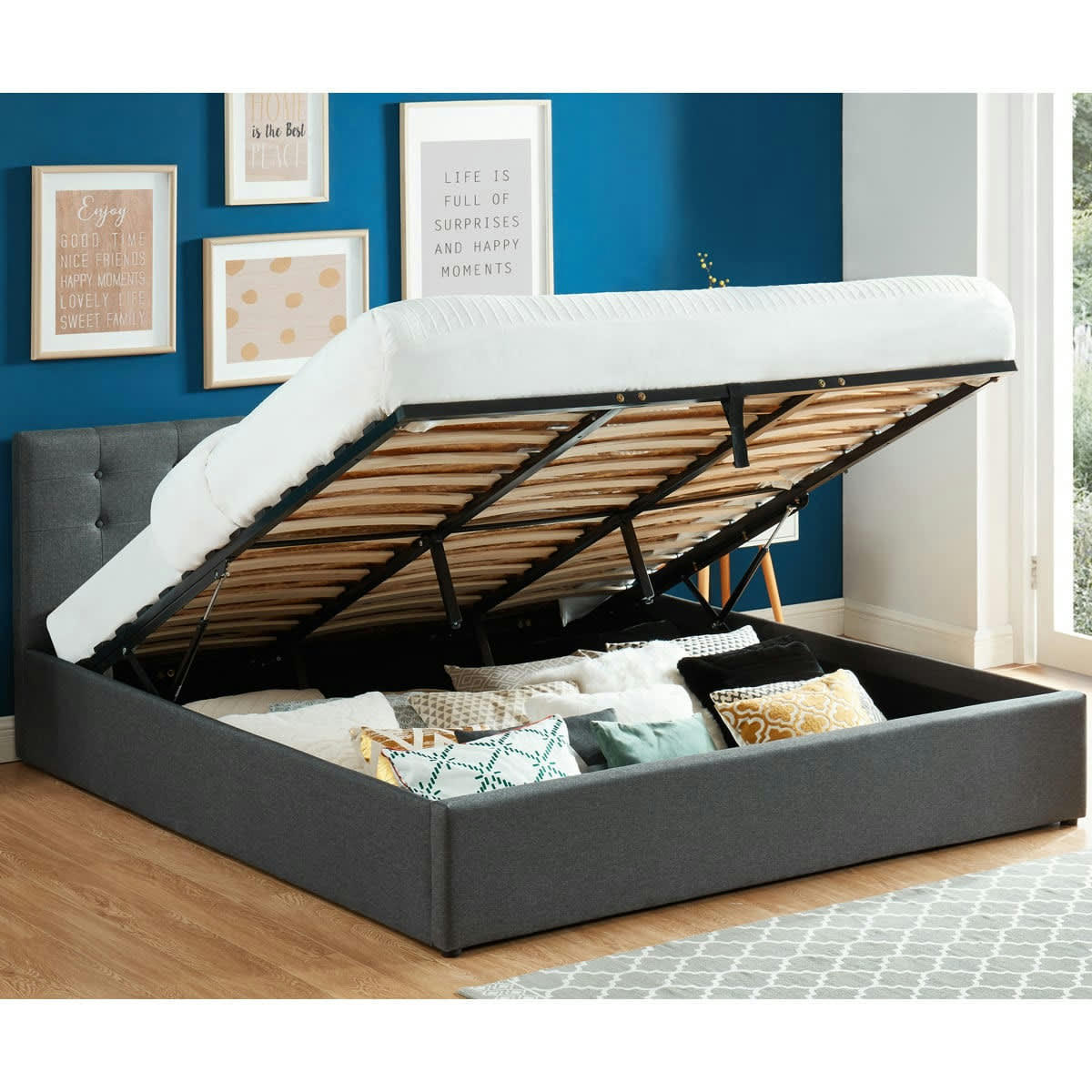 TINA - Lit coffre gris anthracite 180x200 avec sommier et tête de lit