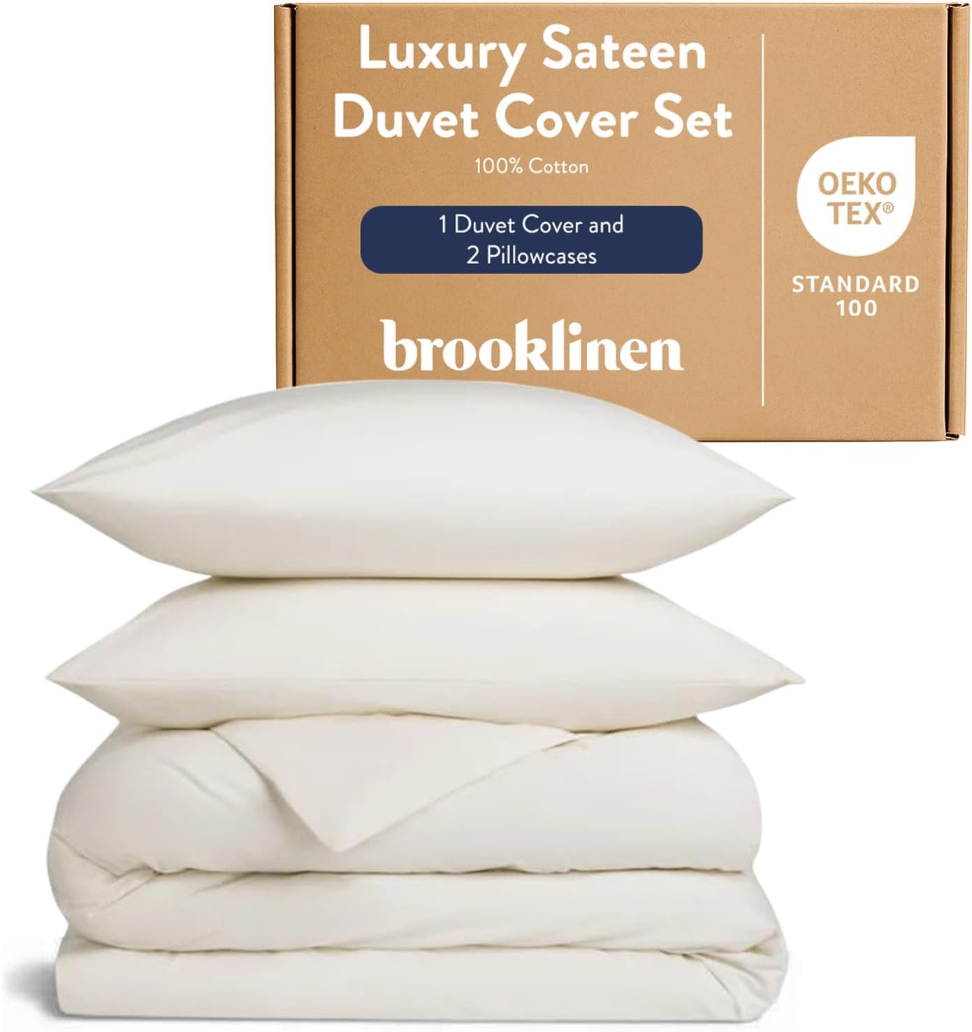 Brooklinen Luxury Sateen Duvet Cover Set - King/Cali King Size in Cream - 3 Piece Set (1 Duvet Cover, 2 Pillowcases) - 100% Cotton, 480 Thread Count